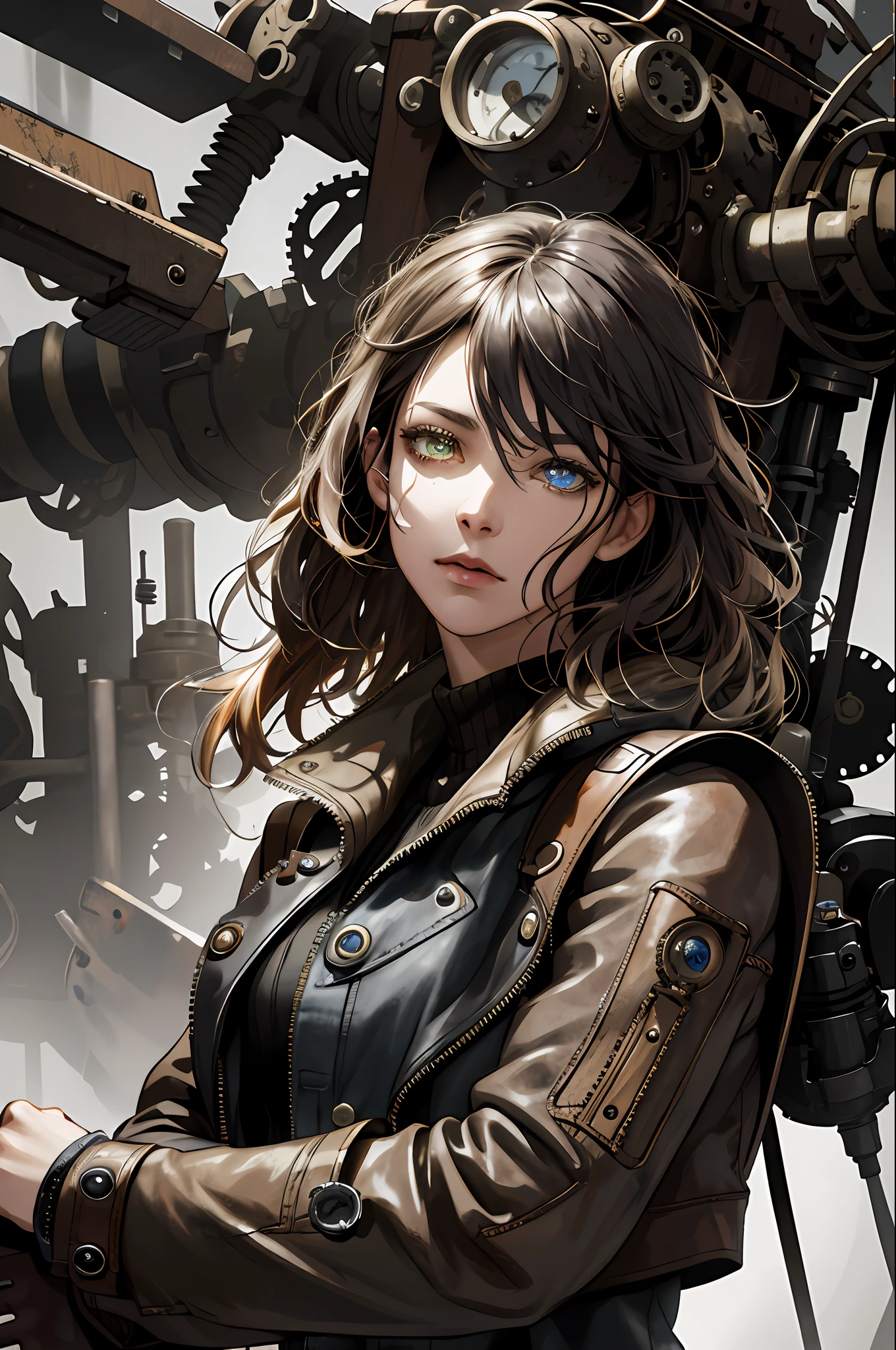 (absurdres, highres, ultra detailed), 1woman, mature female, aged up, wavy long hair, split-color hair, heterochromia, bangs, long sleeves, finely detailed eyes and detailed face, extremely detailed CG unity 8k wallpaper, intricate details, (style-rustmagic:0.8), (medieval cyborg:0.8), portrait, (bloody wounds:0.7), looking at viewer, solo, half shot, detailed background, (steampunk theme:1.1) determined expression, dark couds technomancer, floating lights, color leather vest with gears, techwear, jetpack, workshop in background, machines, gears, steam, industry, technology, furnace, grime, anvil, buttons, levers, automaton, electricity, electric sparks epic atmosphere,, portrait