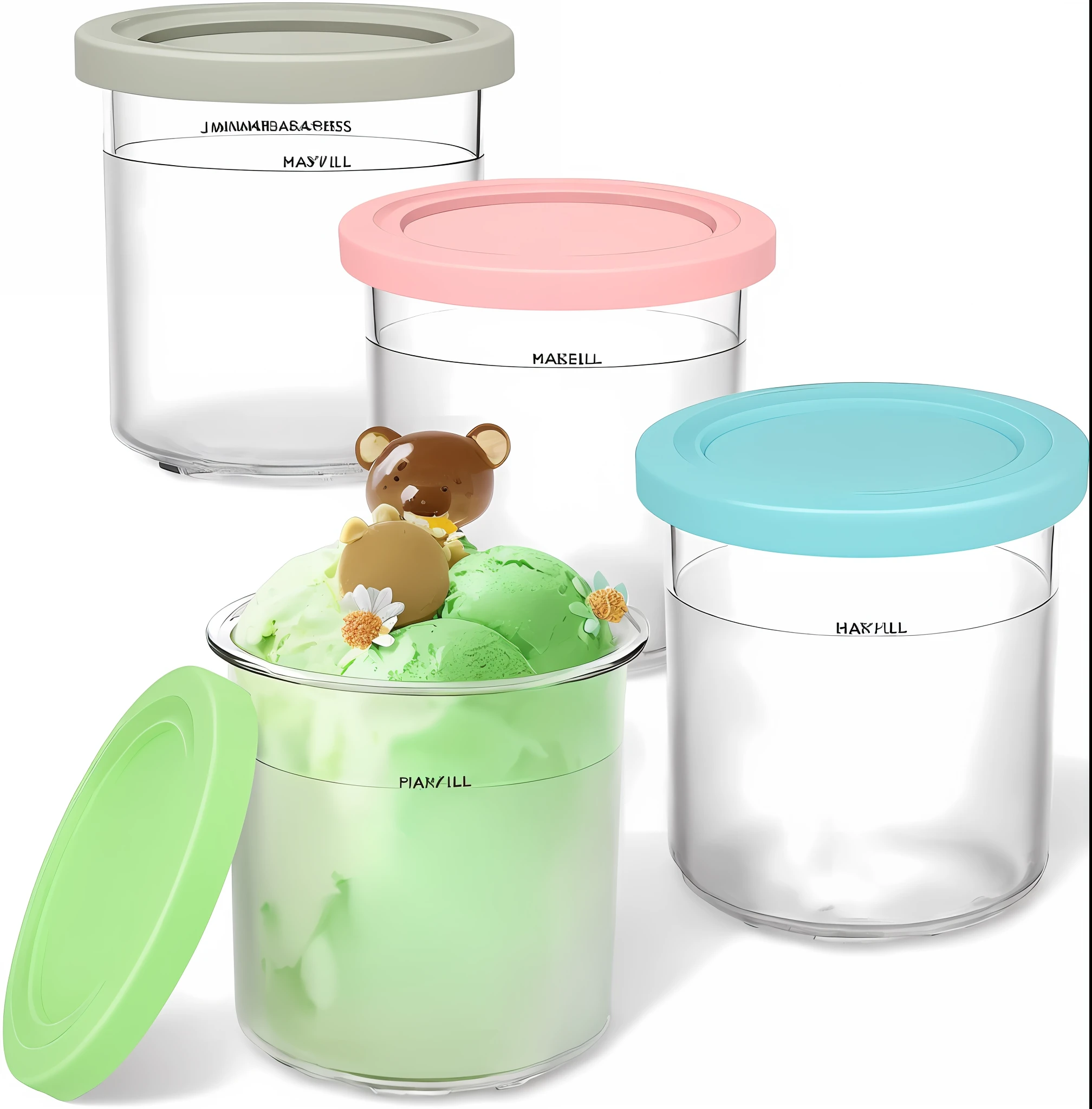Three ice cream containers with different flavors and a pink teddy bear, jar, official product picture, product photo, pastel', silicone lid, unusual, product photo, pastel glaze, pastel, stack, item, textured base; Product photos, soft and cute slimes, various colors, glass jars, birthday, kawaii, medium detail, smol, high quality product images"