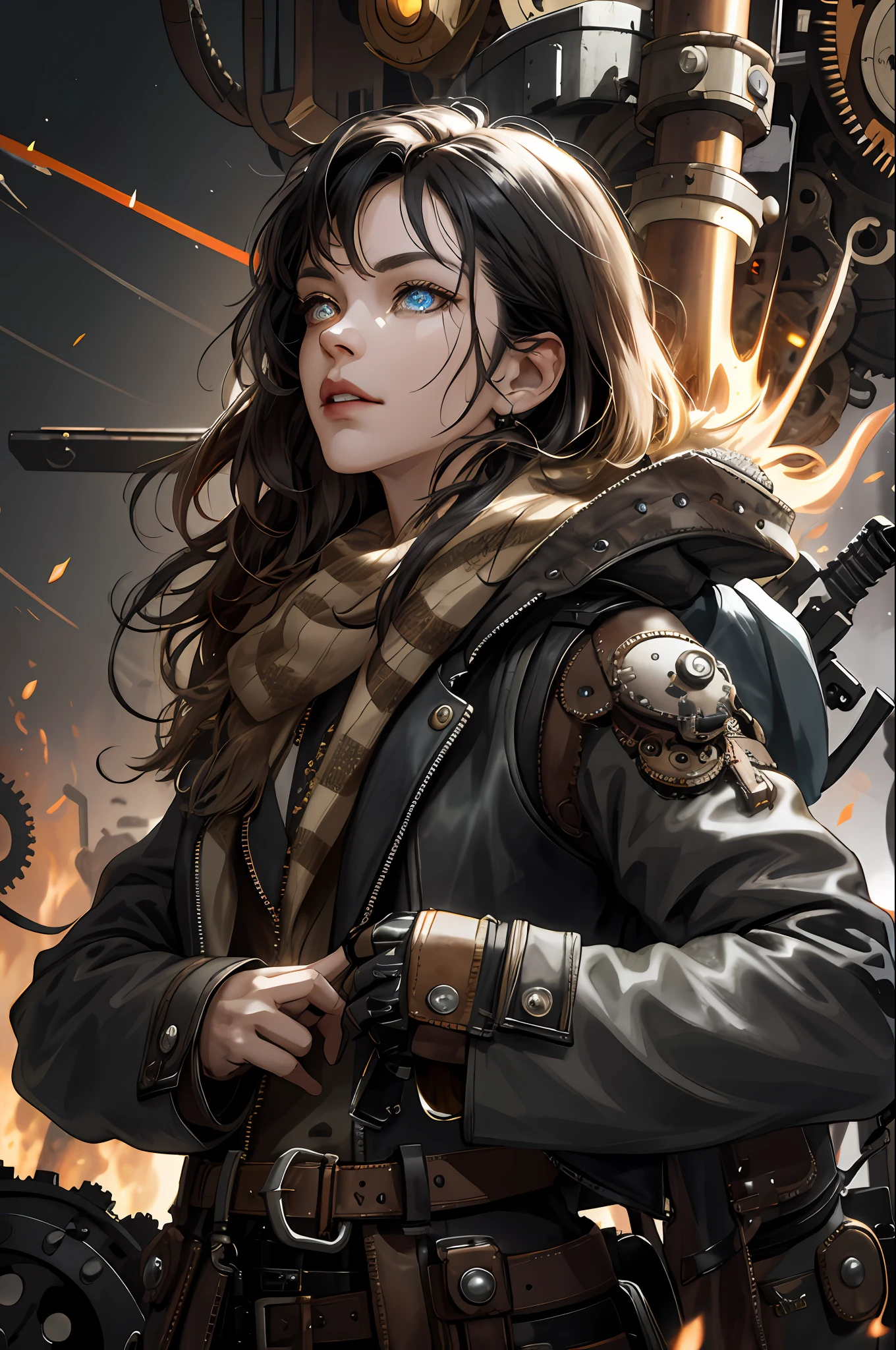(absurdres, highres, ultra detailed), 1woman, mature female, aged up, wavy long hair, split-color hair, heterochromia, bangs, long sleeves, finely detailed eyes and detailed face, extremely detailed CG unity 8k wallpaper, intricate details, (style-rustmagic:0.8), (medieval cyborg:0.8), portrait, (bloody wounds:0.7), looking at viewer, solo, half shot, detailed background, (steampunk theme:1.1) determined expression, dark couds technomancer, floating lights, color leather vest with gears, techwear, jetpack, workshop in background, machines, gears, steam, industry, technology, furnace, grime, anvil, buttons, levers, automaton, electricity, electric sparks epic atmosphere,, portrait