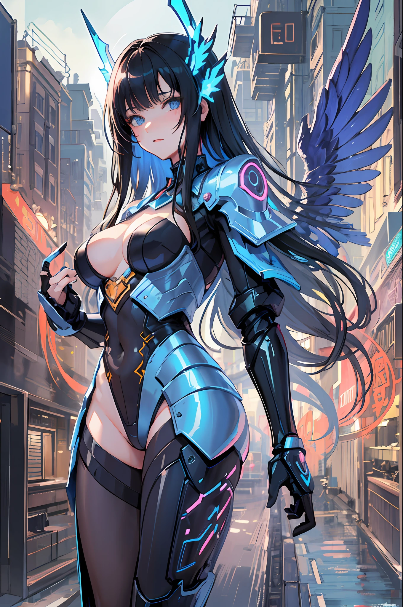 masterpiece,best quality,ultra-detailed,very detailed illustrations,extremely detailed,intricate details,highres,super complex details,extremely detailed 8k cg wallpaper, caustics,reflection,ray tracing, 1girl:1.4), solo, alone, (blue_theme:1.3), (grey_theme:1.3), (mecha musume, mechanical parts ,robot joints, mechanical arm, mechanical legs, headgear, intricate mechanical bodysuit, mechanical energy wings), (robes), very long hair, black hair, blue eyes, glowing eye, eye trail, random expressions, random action, tokyo, city, alley, dark alley, night time, raining, neon lights, detailed background, ((masterpiece)), absurdres, HDR,  (Classic headshot pose), extremely detailed 8K wallpaper,cyberpunk city,masterpiece,highres,detailed manga illustration,