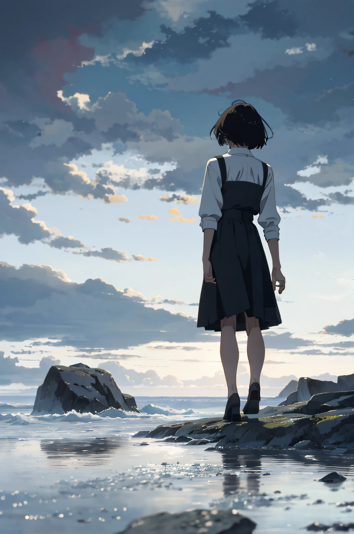 (Masterpiece: 1.2, highest quality), detailed anime-style illustrations. Full back view of young woman looking into the distance, standing with legs spread wide, full body, back view, face not visible at all, light brown short hair, solo, white shirt, black flared long skirt, black pumps, bad weather and no sun, windy, angle looking up from below, dark sky on background