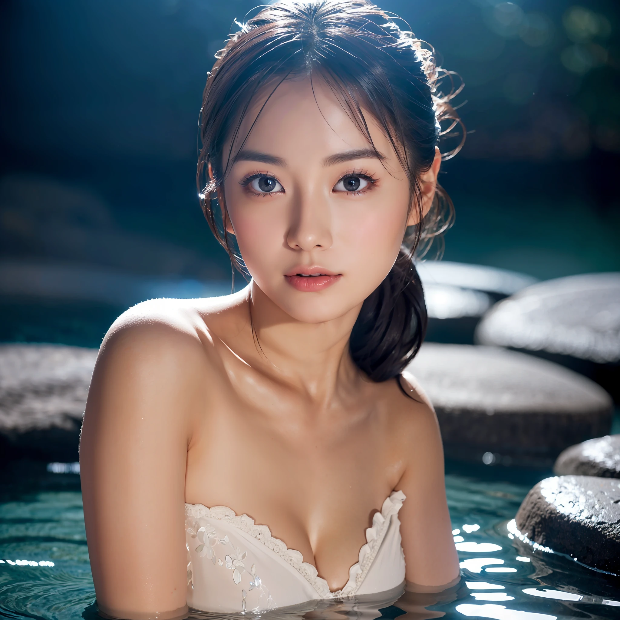 Top quality, delicate details, very detailed eyes and face, ((night))), (open-air rock bath), (white cloudy water), 1 beautiful girl, sweat, ponytail, upbeat cheeks, no makeup, upper eyes, strapless, lighting on figure, (((((background dark))))
