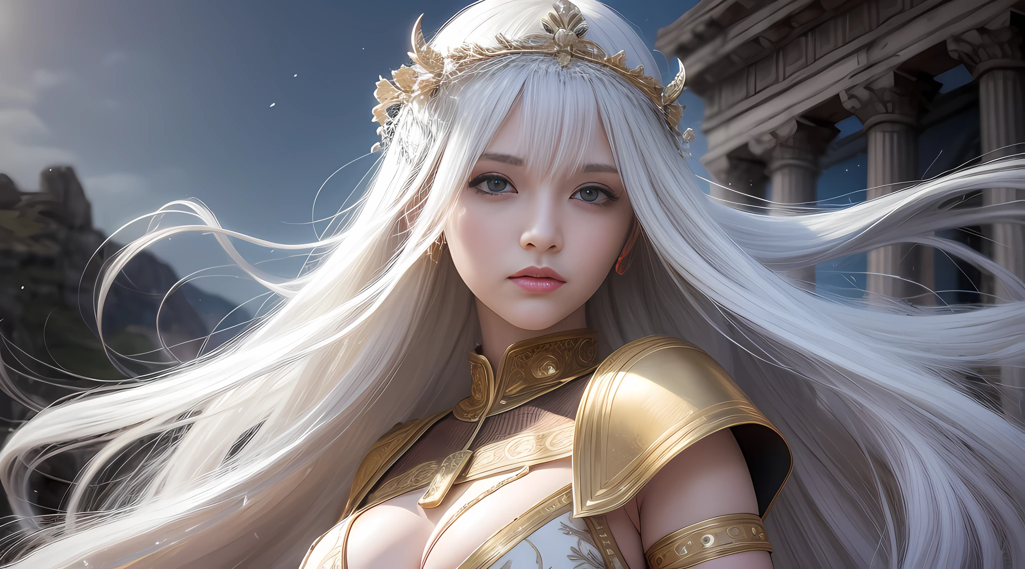 absurd, high resolution, super detailed), 1 woman, young woman, wavy long hair, white hair, black eyes, bangs, long sleeves, fine eyes and detailed face, extremely detailed CG Unity 8k wallpaper, intricate details, looking down, solo, half shot, detailed face, stoic expression, dynamic pose, flowing hair, classical era, (ancient Roman theme: 1.1), Roman mythology, Roman empire, capua, ancient vineyard, oracle bone, cloak, iron fittings, ancient theme, (Prosperous Civilization: 1.1), Original White Marble, (Intact: 1.1) marble architecture, hills in background, brazier, burning embers, night, darkness, stars, halo of light, majestic atmosphere, floating stone particles, portrait, wind swirling