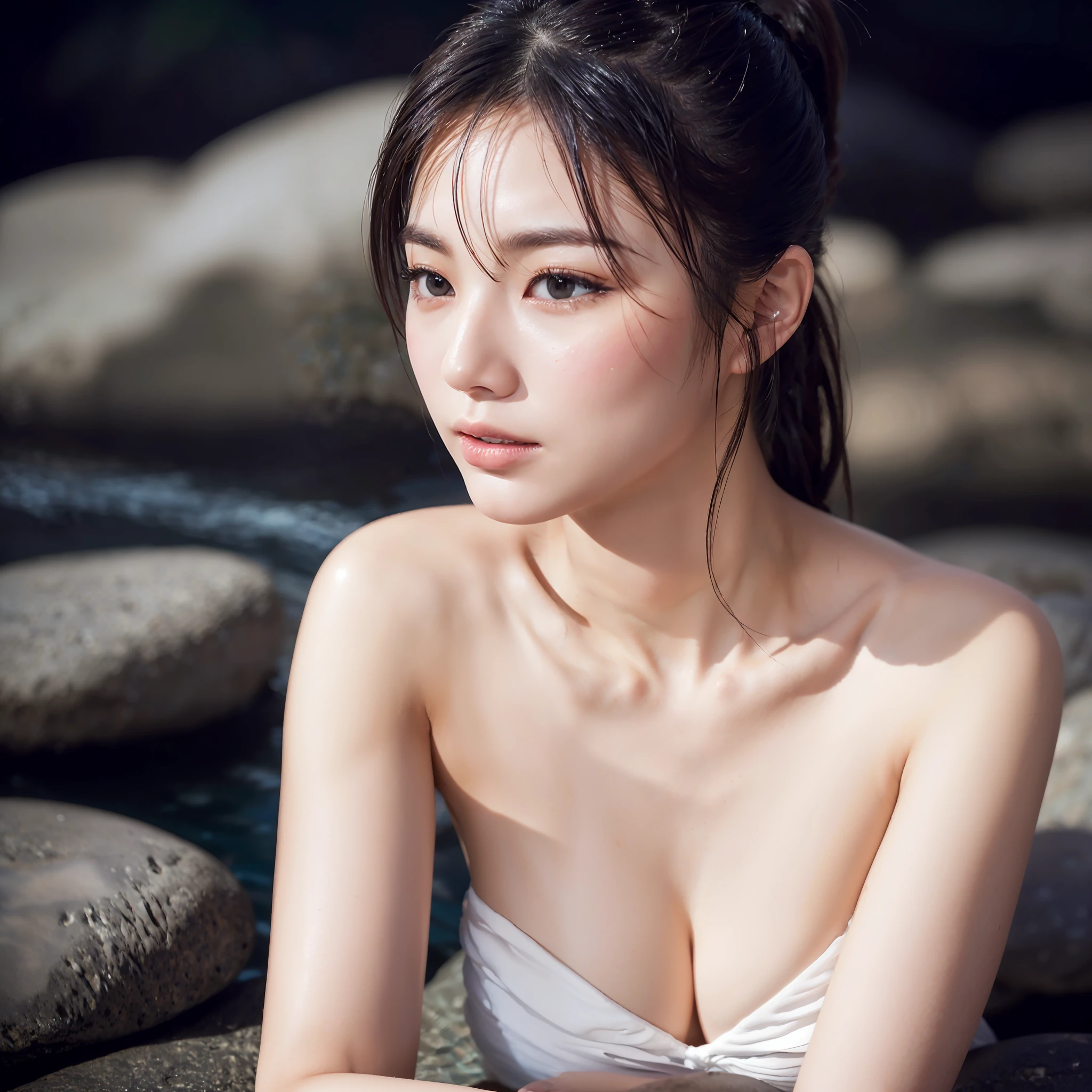 Top quality, delicate details, very detailed eyes and face, ((night))), (open-air rock bath), (white cloudy water), 1 beautiful girl, sweat, ponytail, upbeat cheeks, no makeup, upper eyes, strapless, lighting on figure, (((((background dark))))