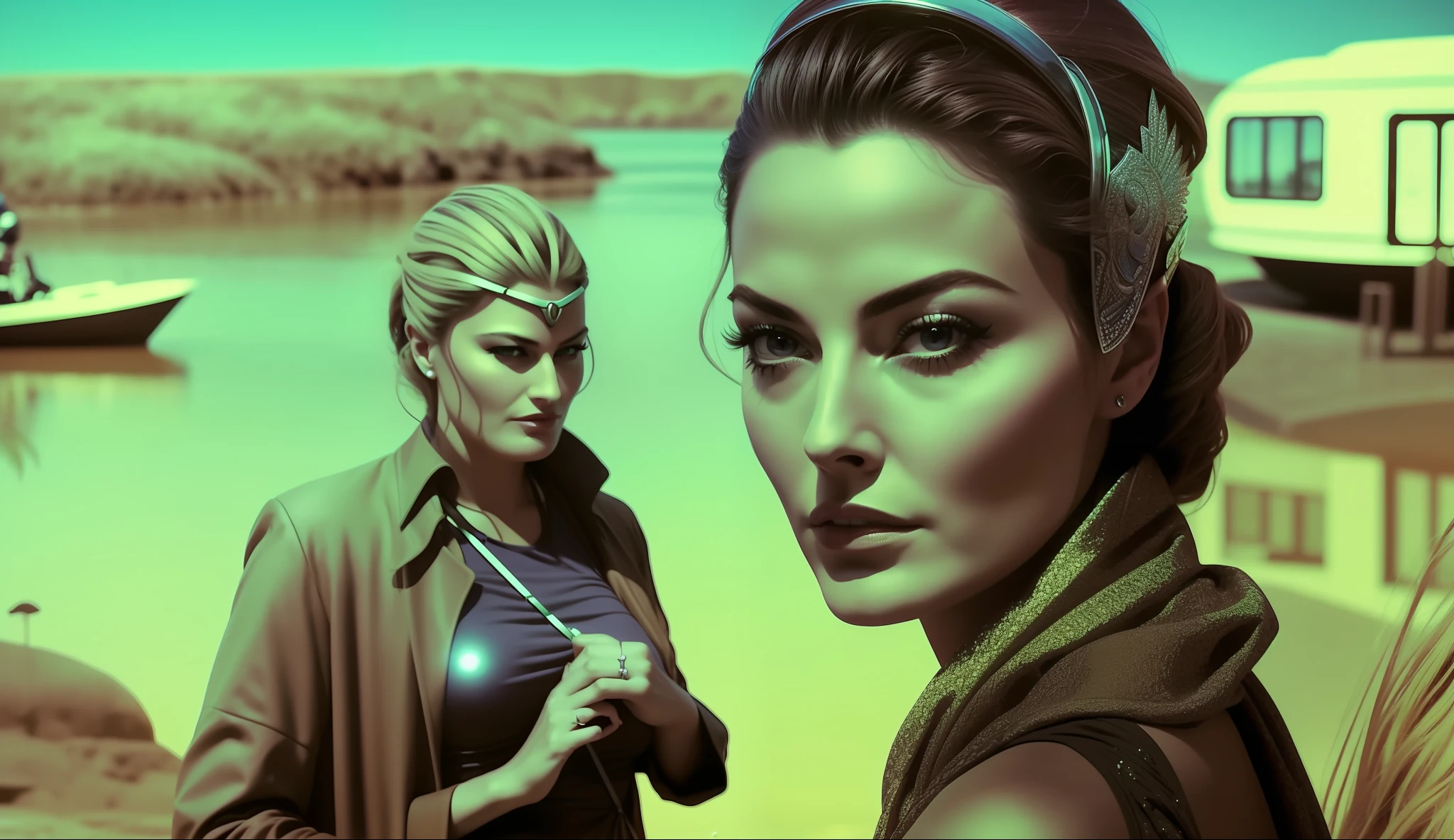 a woman (Mädchen Amick) standing next to a man near a body of water, poster art by Pál Balkay, trending on cg society, retrofuturism, sci-fi, reimagined by industrial light and magic, apocalypse art