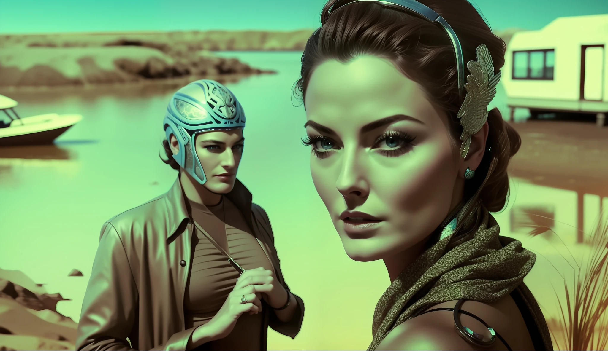 a woman (Mädchen Amick) standing next to a man near a body of water, poster art by Pál Balkay, trending on cg society, retrofuturism, sci-fi, reimagined by industrial light and magic, apocalypse art