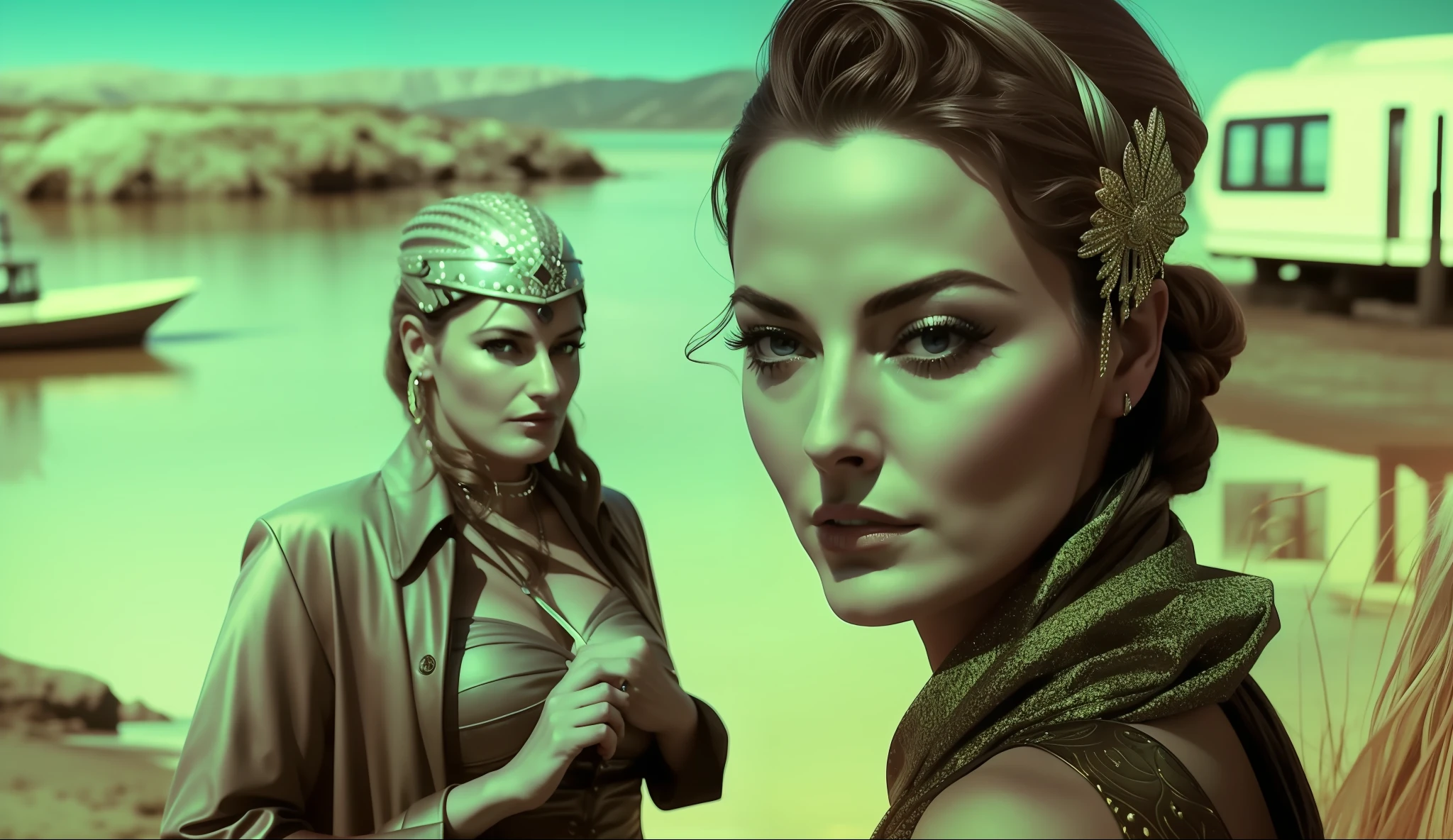 a woman (Mädchen Amick) standing next to a man near a body of water, poster art by Pál Balkay, trending on cg society, retrofuturism, sci-fi, reimagined by industrial light and magic, apocalypse art