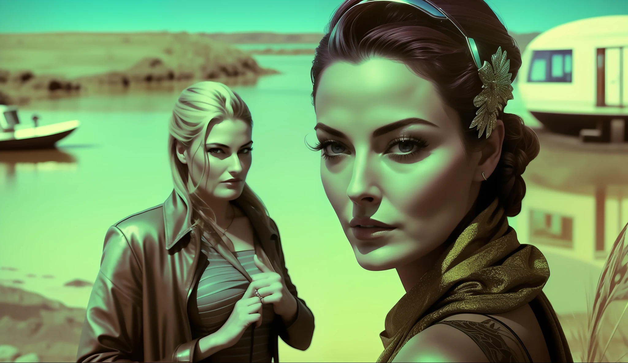 a woman (Mädchen Amick) standing next to a man near a body of water, poster art by Pál Balkay, trending on cg society, retrofuturism, sci-fi, reimagined by industrial light and magic, apocalypse art