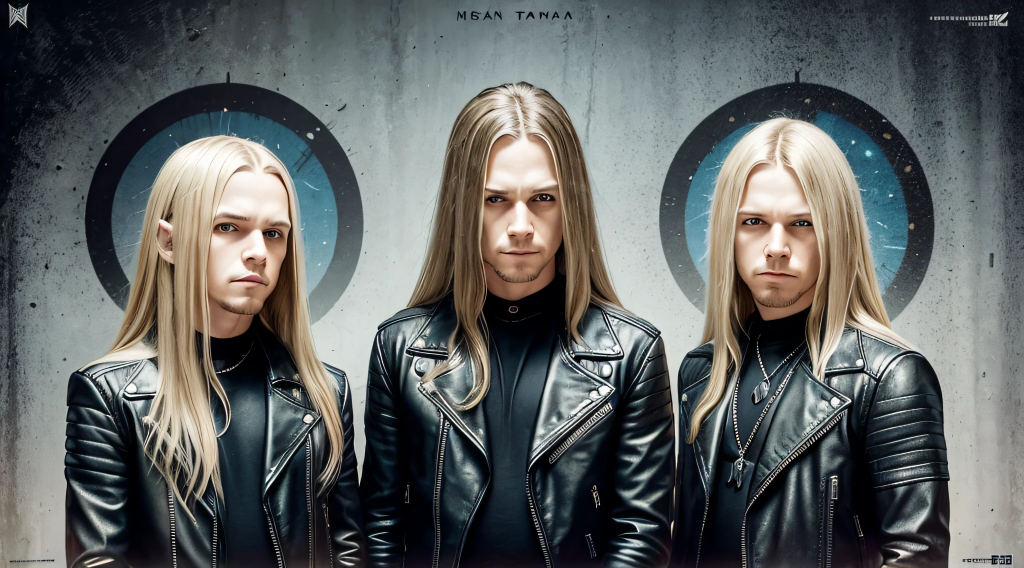 3 BOYS Russian children with 20 years WITH LONG STRAIGHT BLONDE HAIR, LEATHER JACKET AND BLACK CLOTHING, PORTRAIT STYLE, a closeup, album cover, evil album cover, alternate album cover, metal album cover, album cover, 2 0 0 6 promotional publicity photo, metallica, heavy rock band promotional photo,  Drew Struzan Tomasz Alen Kopera, album art, album cover art, Megadeth, Maiden, album, Heavy metal album cover