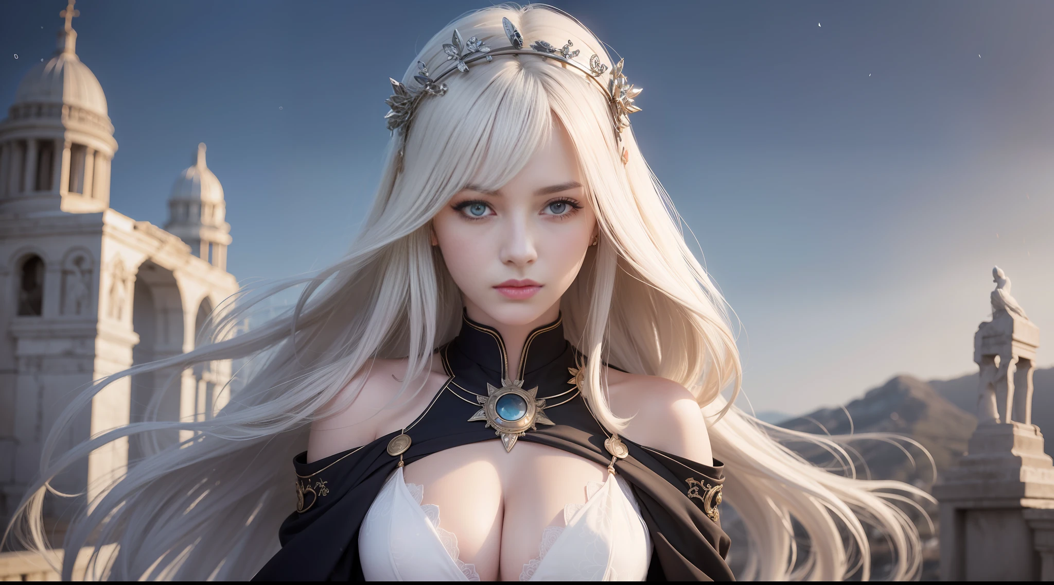 absurd, high resolution, super detailed), 1 woman, young woman, wavy long hair, white hair, black eyes, bangs, long sleeves, fine eyes and detailed face, extremely detailed CG Unity 8k wallpaper, intricate details, looking down, solo, half shot, detailed face, stoic expression, dynamic pose, flowing hair, classical era, (ancient Roman theme: 1.1), Roman mythology, Roman empire, capua, ancient vineyard, oracle bone, cloak, iron fittings, ancient theme, (Prosperous Civilization: 1.1), Original White Marble, (Intact: 1.1) marble architecture, hills in background, brazier, burning embers, night, darkness, stars, halo of light, majestic atmosphere, floating stone particles, portrait, wind swirling
