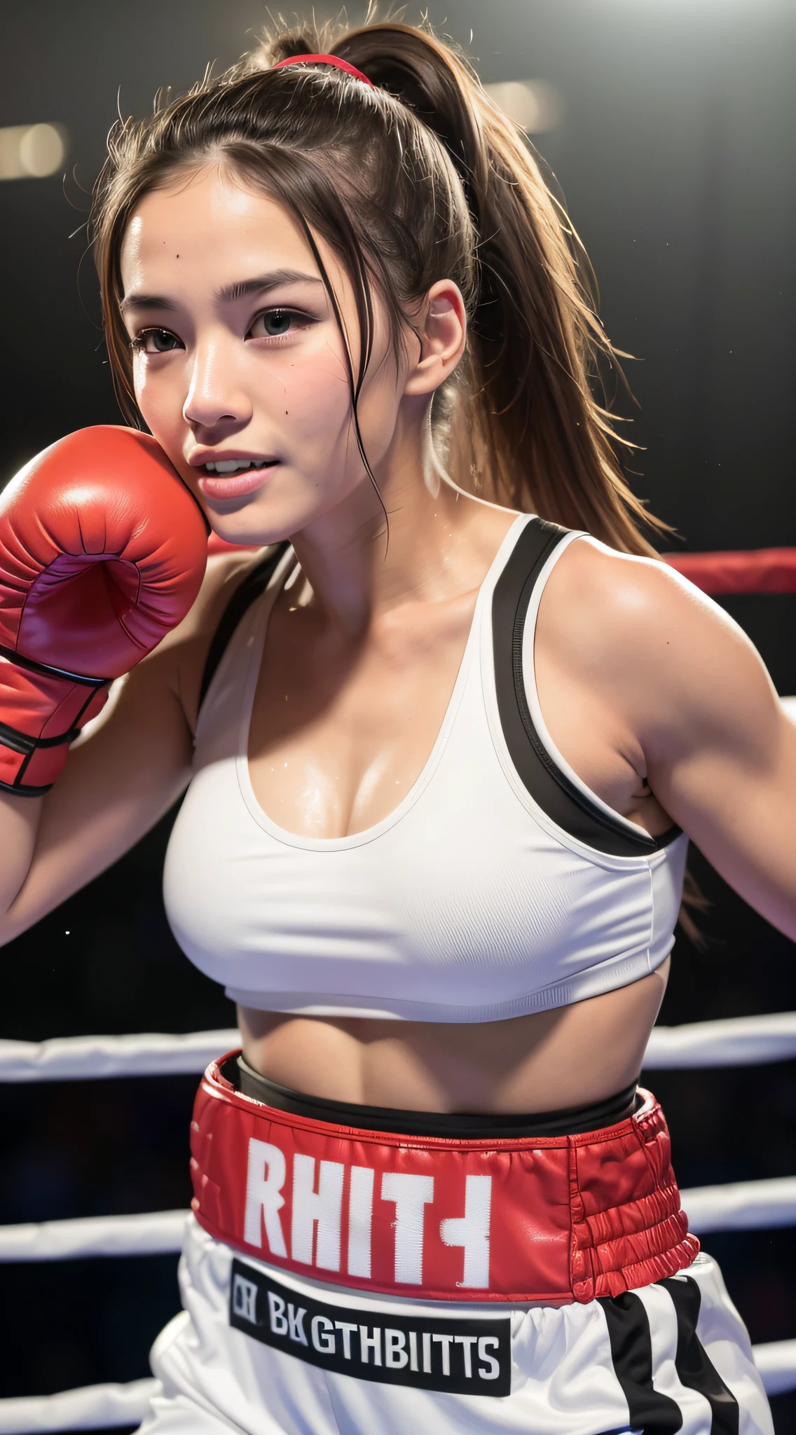 boxing, smile, raw photo, one girl, brown-haired ponytail, beautiful Japan woman, 22 years old, attractive female body, light muscles, dynamism, match venue, constricted waist, 4k, HDR, realistic photo, realistic texture, tight skin, (realistic, photoreal: 1.4), meckles, photo, raw photo, masterpiece, highly detailed photo, dslr, Boxing, wearing gloves, sweating matches, fighting in the ring, lower breasts visible, being realistic, sweating