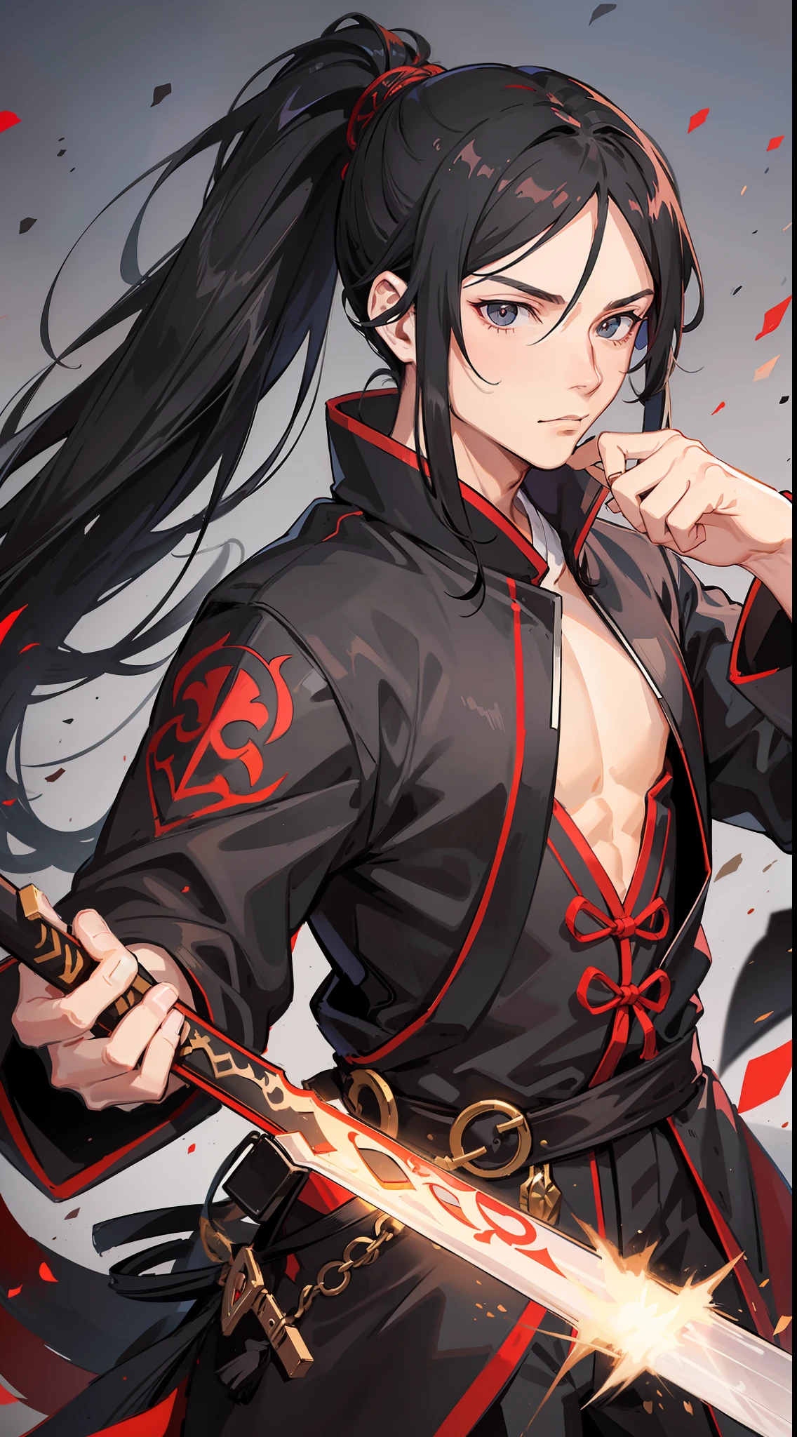 Adult man, black long hair, high ponytail, gray eyes, red hanfu, fiery sword, masterpiece, high quality