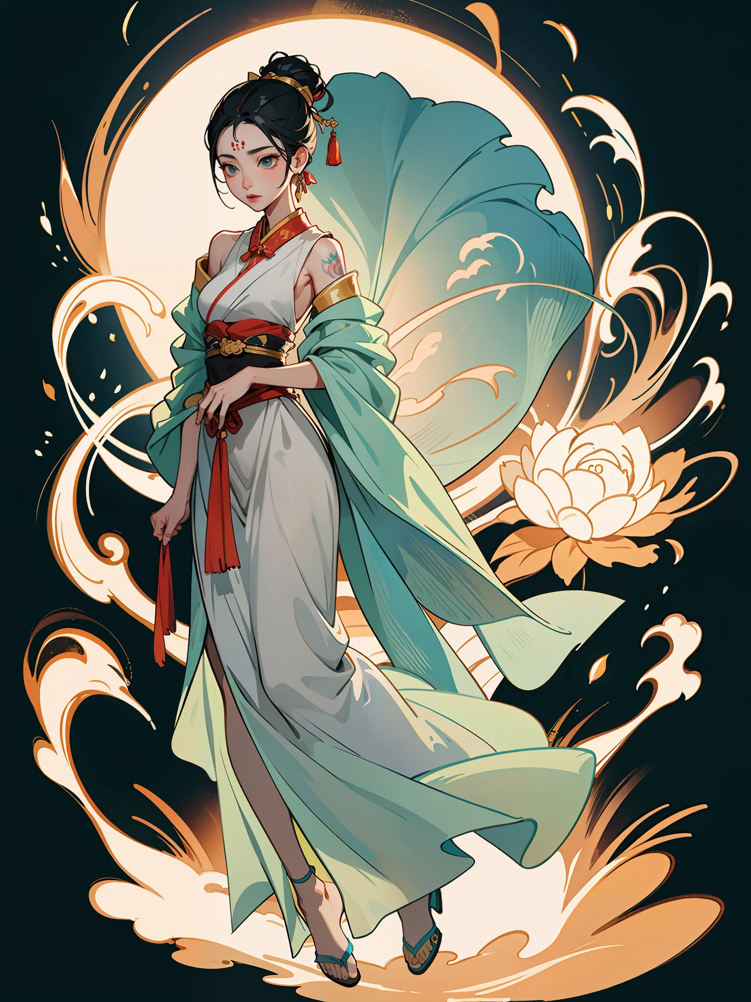 An ancient Chinese dancer, charming expression, full body, amazing facial features, flowing skirt leaking neck and shoulders, loose tunic, intricate design, butterfly tattoo, white background, game model, stunning lighting, C4D, OC rendering, movie edge light, light detailed, masterpiece, ultra detail, epic composition, super HD, high quality, highest quality, 32k