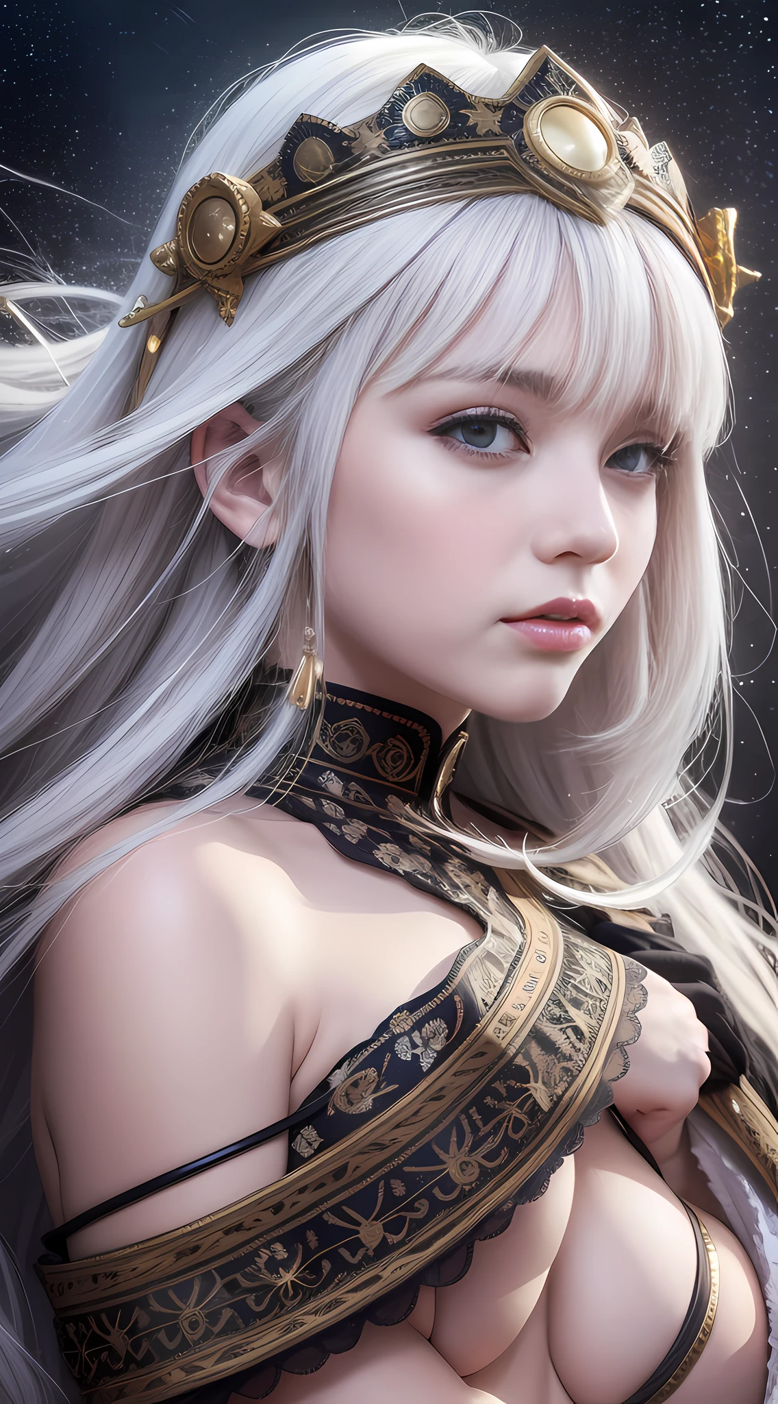 absurd, high resolution, super detailed), 1 woman, young woman, wavy long hair, white hair, black eyes, bangs, long sleeves, fine eyes and detailed face, extremely detailed CG Unity 8k wallpaper, intricate details, looking down, solo, half shot, detailed face, stoic expression, dynamic pose, flowing hair, classical era, (ancient Roman theme: 1.1), Roman mythology, Roman empire, capua, ancient vineyard, oracle bone, cloak, iron fittings, ancient theme, (Prosperous Civilization: 1.1), Original White Marble, (Intact: 1.1) marble architecture, hills in background, brazier, burning embers, night, darkness, stars, halo of light, majestic atmosphere, floating stone particles, portrait, wind swirling