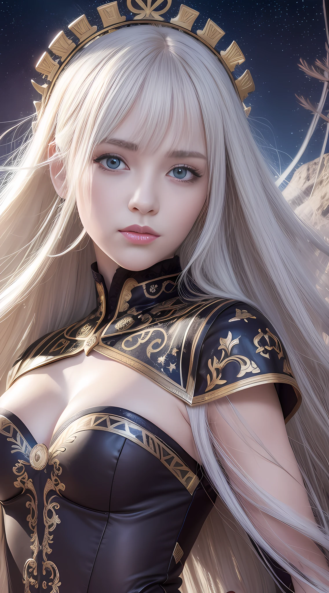 absurd, high resolution, super detailed), 1 woman, young woman, wavy long hair, white hair, black eyes, bangs, long sleeves, fine eyes and detailed face, extremely detailed CG Unity 8k wallpaper, intricate details, looking down, solo, half shot, detailed face, stoic expression, dynamic pose, flowing hair, classical era, (ancient Roman theme: 1.1), Roman mythology, Roman empire, capua, ancient vineyard, oracle bone, cloak, iron fittings, ancient theme, (Prosperous Civilization: 1.1), Original White Marble, (Intact: 1.1) marble architecture, hills in background, brazier, burning embers, night, darkness, stars, halo of light, majestic atmosphere, floating stone particles, portrait, wind swirling