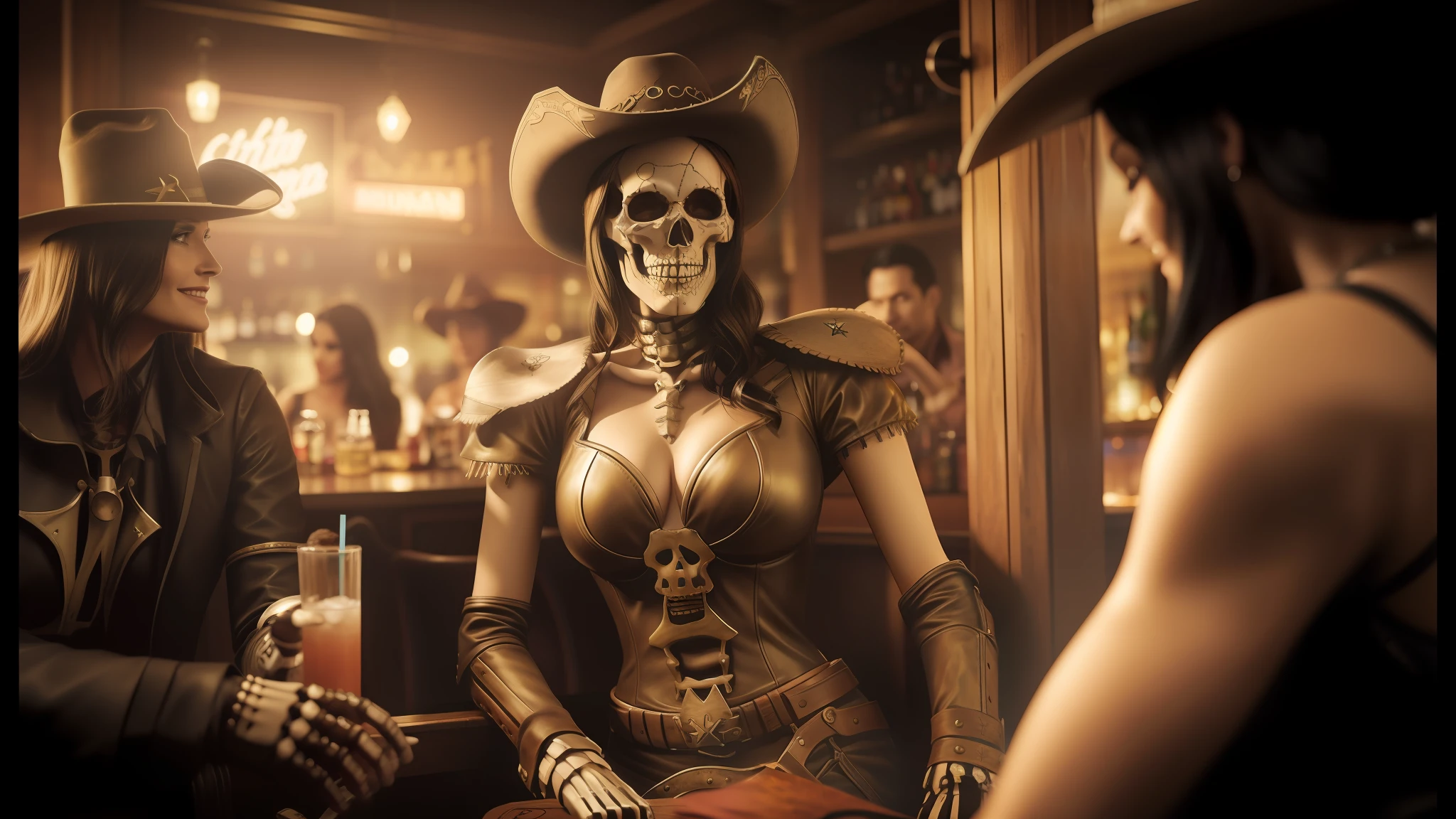 there are two women dressed up in costumes sitting at a table, skeleton cowboy, cinematic post - processing, realism artstyle, shoulders can be seen, sin city, she is smiling, by Shingei, sombrero, cinematic trailer, humanoid woman, exploitable image, female death holding a cocktail, amouranth, sfw version, cowboys, bar