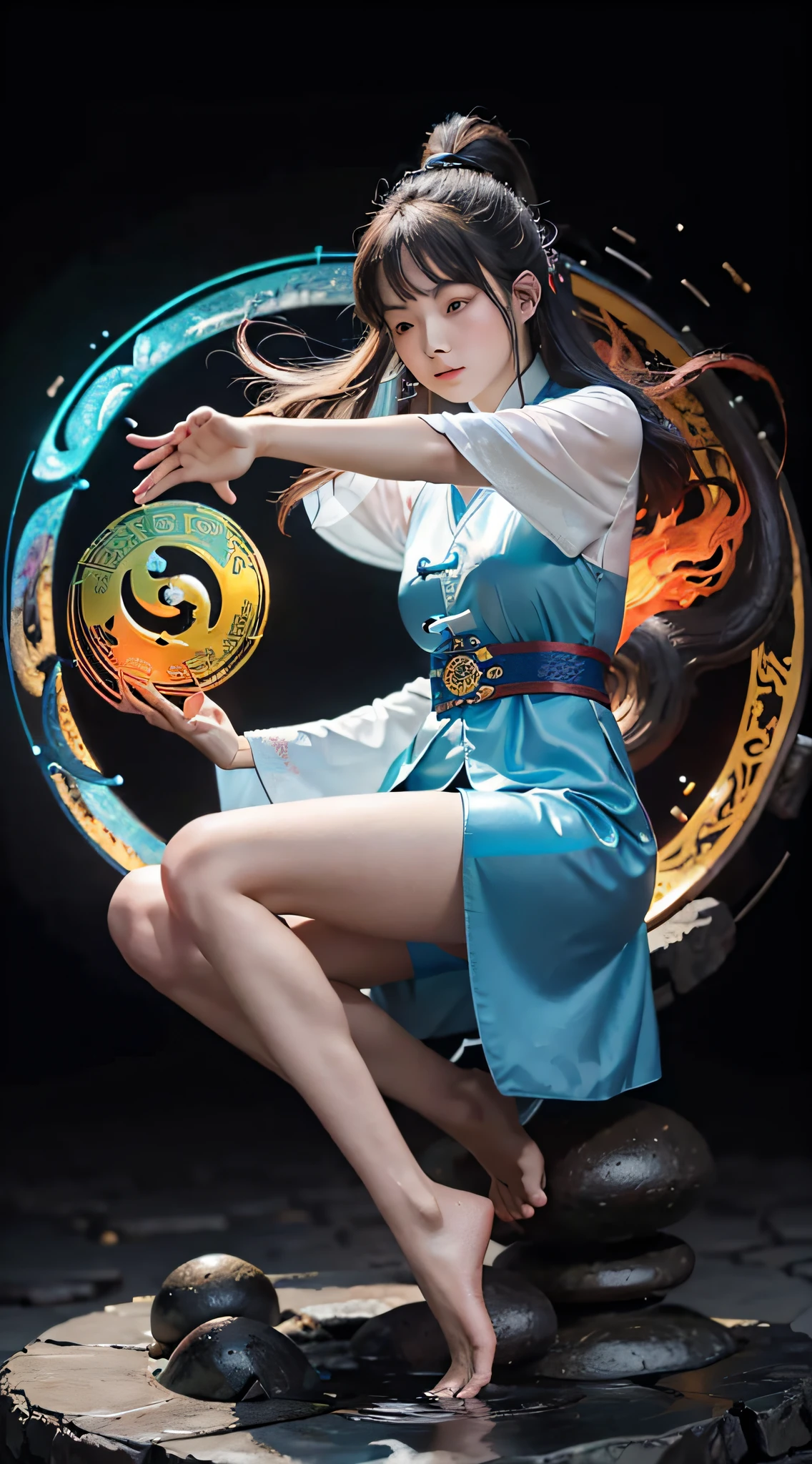 (harmony, balance, yin-yang), Chinese silk painting, Tai Chi principles, fluid motion, interconnected elements, the interplay of contrasting forces, Daoist philosophy, a touch of the I Ching, warm and cool color palette, reflective art, inspired by Laozi, Zhuangzi, Yin Yang diagrams, Taijitu, the Bagua, the fusion of the spiritual and the physical,1girl,solo, grabbing breasts,, daoist, summon magic, cinematic lighting, fire and ice split, bagua background, circular bagua, yi yang, daoist practice, mediation sit, buddha sit, spiral loong, cloud loong at the top,