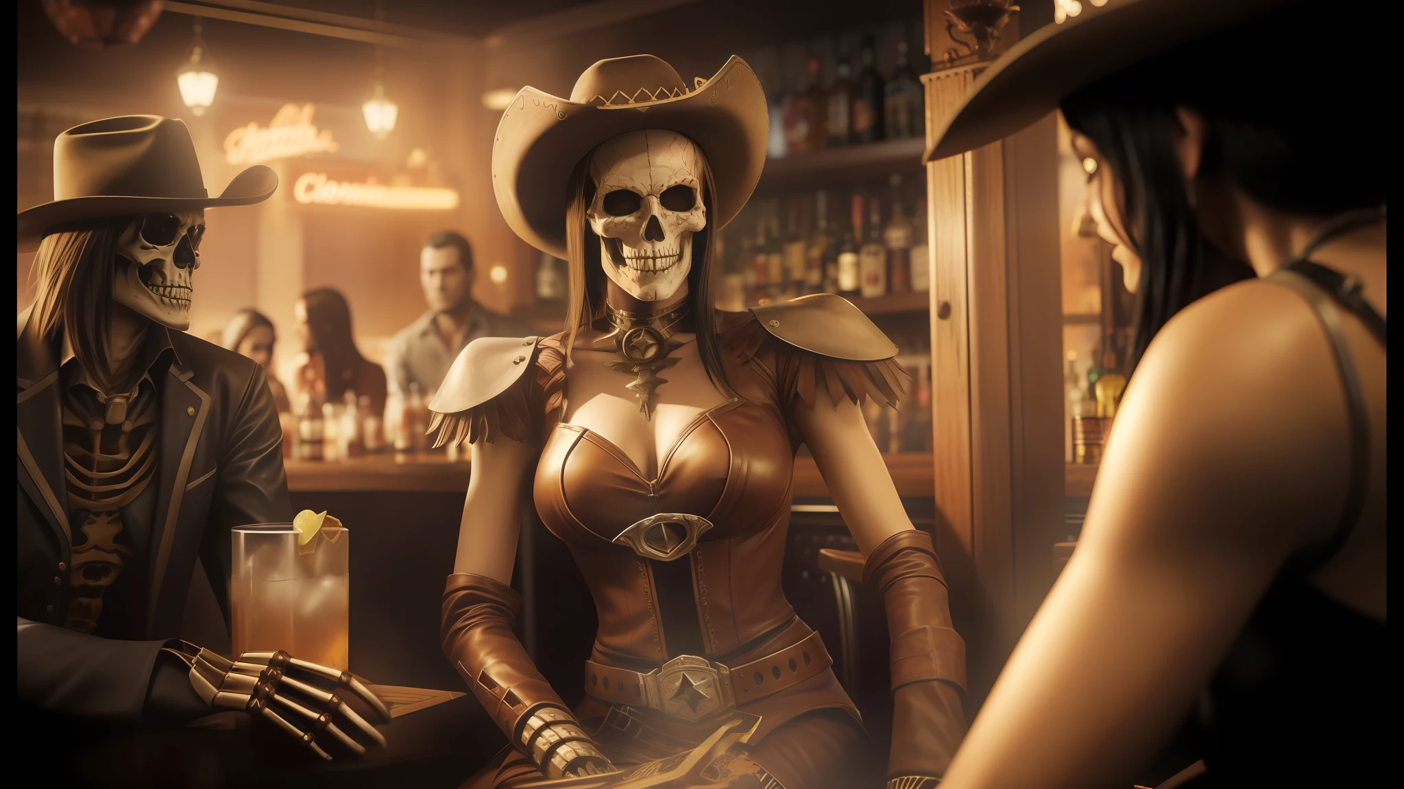 there are two women dressed up in costumes sitting at a table, skeleton cowboy, cinematic post - processing, realism artstyle, shoulders can be seen, sin city, she is smiling, by Shingei, sombrero, cinematic trailer, humanoid woman, exploitable image, female death holding a cocktail, amouranth, sfw version, cowboys, bar