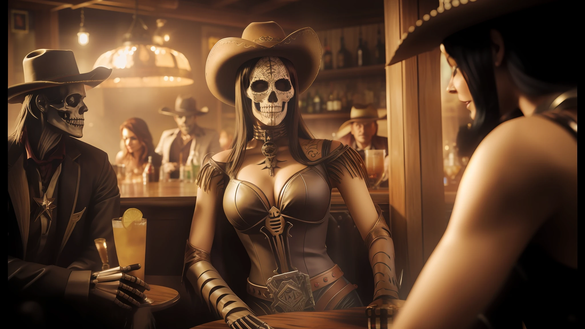 there are two women dressed up in costumes sitting at a table, skeleton cowboy, cinematic post - processing, realism artstyle, shoulders can be seen, sin city, she is smiling, by Shingei, sombrero, cinematic trailer, humanoid woman, exploitable image, female death holding a cocktail, amouranth, sfw version, cowboys, bar