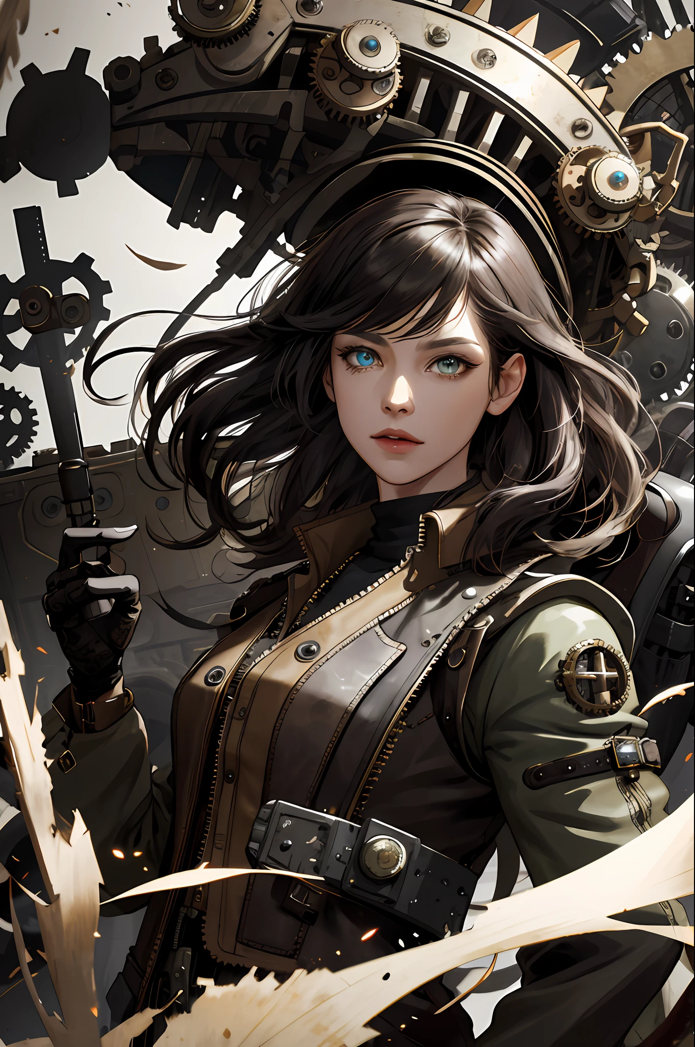 (absurdres, highres, ultra detailed), 1woman, mature female, aged up, wavy long hair, split-color hair, heterochromia, bangs, long sleeves, finely detailed eyes and detailed face, extremely detailed CG unity 8k wallpaper, intricate details, (style-rustmagic:0.8), (medieval cyborg:0.8), portrait, (bloody wounds:0.7), looking at viewer, solo, half shot, detailed background, (steampunk theme:1.1) determined expression, dark couds technomancer, floating lights, color leather vest with gears, techwear, jetpack, workshop in background, machines, gears, steam, industry, technology, furnace, grime, anvil, buttons, levers, automaton, electricity, electric sparks epic atmosphere,, portrait
