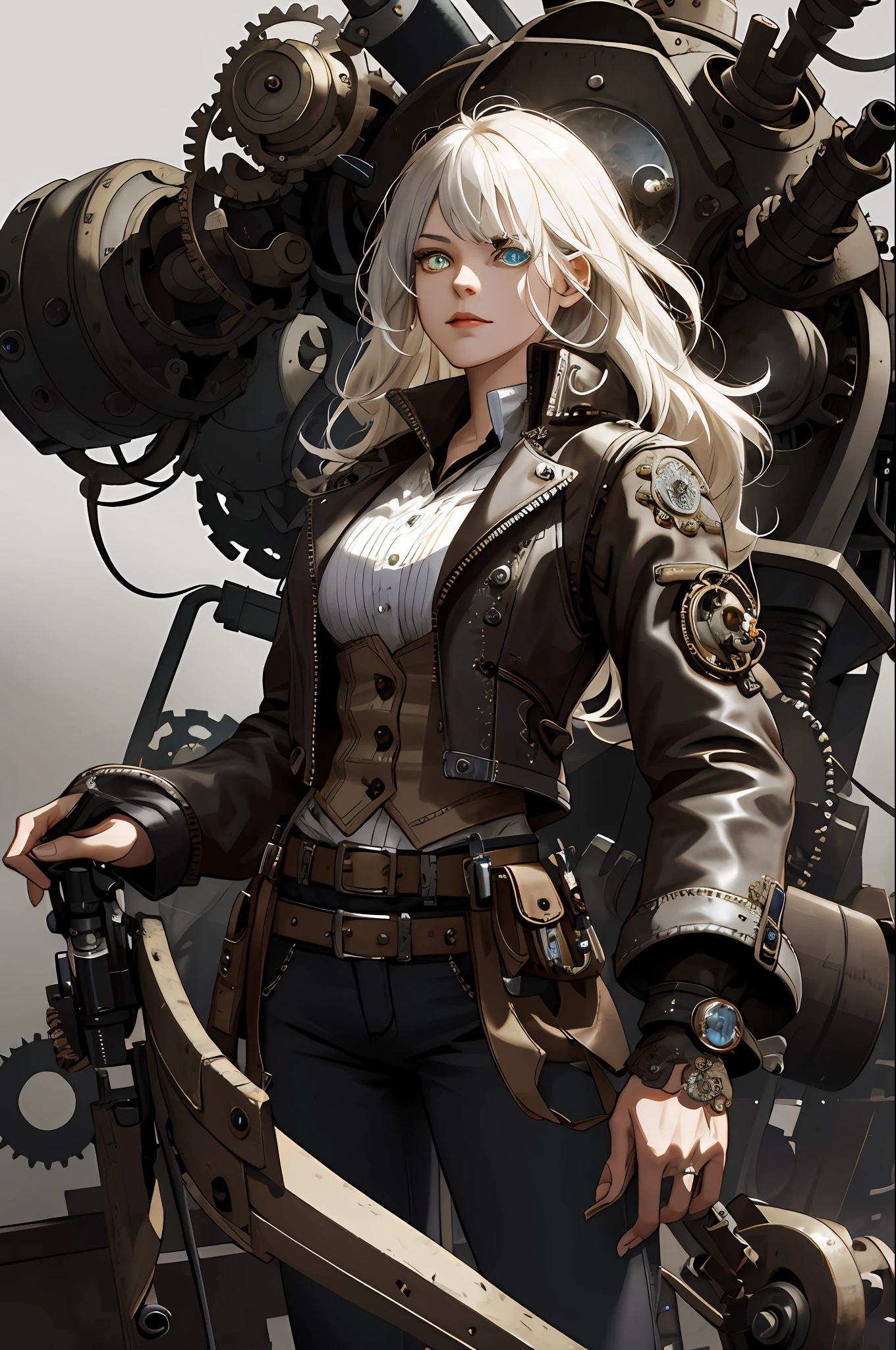 (absurdres, highres, ultra detailed), 1woman, mature female, aged up, wavy long hair, split-color hair, heterochromia, bangs, long sleeves, finely detailed eyes and detailed face, extremely detailed CG unity 8k wallpaper, intricate details, (style-rustmagic:0.8), (medieval cyborg:0.8), portrait, (bloody wounds:0.7), looking at viewer, solo, half shot, detailed background, (steampunk theme:1.1) determined expression, dark couds technomancer, floating lights, color leather vest with gears, techwear, jetpack, workshop in background, machines, gears, steam, industry, technology, furnace, grime, anvil, buttons, levers, automaton, electricity, electric sparks epic atmosphere,, portrait
