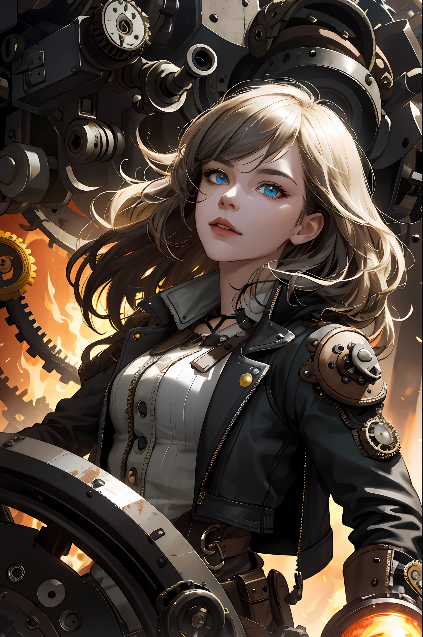 (absurdres, highres, ultra detailed), 1woman, mature female, aged up, wavy long hair, split-color hair, heterochromia, bangs, long sleeves, finely detailed eyes and detailed face, extremely detailed CG unity 8k wallpaper, intricate details, (style-rustmagic:0.8), (medieval cyborg:0.8), portrait, (bloody wounds:0.7), looking at viewer, solo, half shot, detailed background, (steampunk theme:1.1) determined expression, dark couds technomancer, floating lights, color leather vest with gears, techwear, jetpack, workshop in background, machines, gears, steam, industry, technology, furnace, grime, anvil, buttons, levers, automaton, electricity, electric sparks epic atmosphere,, portrait