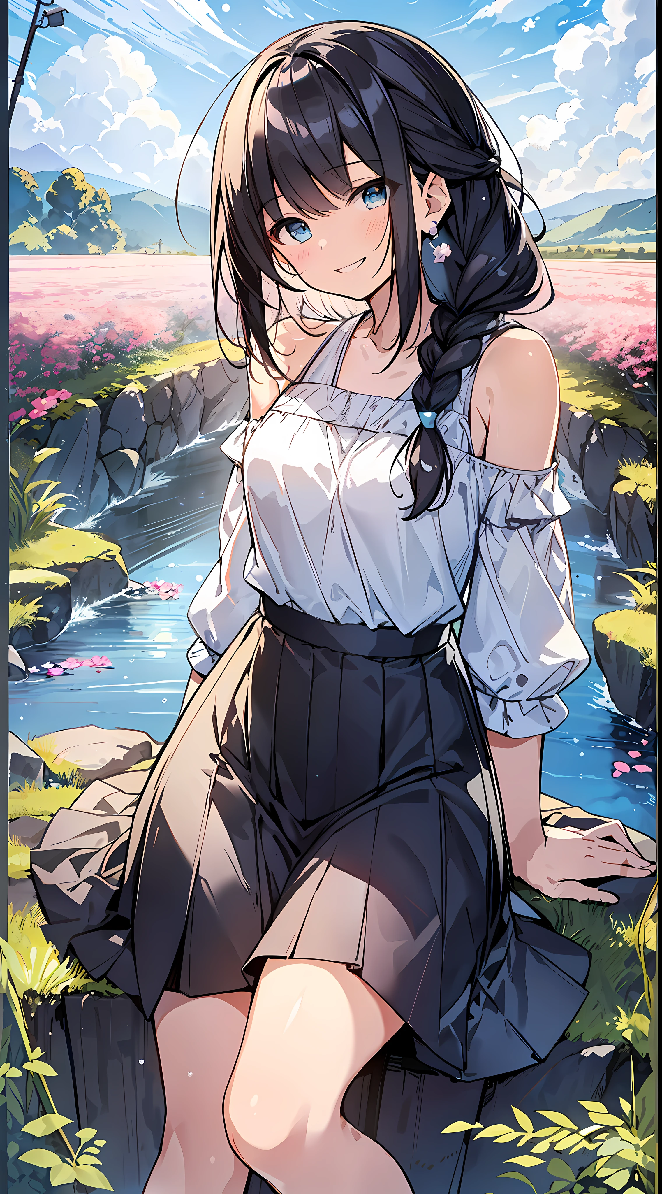 Top Quality, Masterpiece, Ultra High Definition, 8k, Summer Sky, Early Summer, (Light Blue Maxi Skirt, Light Knit, Sneakers), Shojo Manga Style Loli, One, Soft Line Art, Digital Enhancement, Shoujo Manga Touch, Shojo Manga Core, Flowing Fabric, Close Up, (Shoulder Length and Short Braid)), Wet Hair, Staring at Us Head-on, Soft Drawing, Beautiful Black Hair, clear eyes, ((teasing smile)), ultra-detailed digital anime art, clear face depiction, ultra-detailed shoujo manga character art, ultra-detailed manga style, top quality colors, hand gestures, landscape with nature, looking up at the sky, angle that can be seen up to the feet