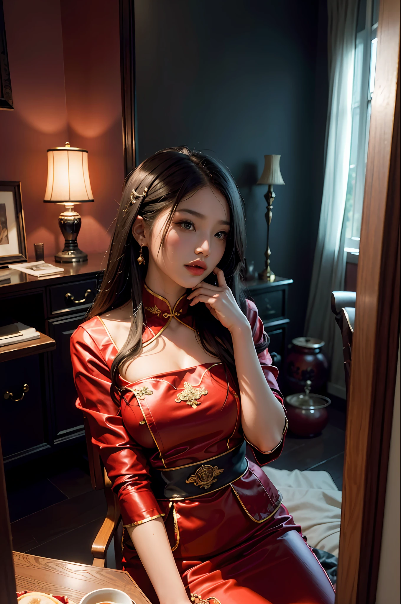 (RAW Photo, 4k, Masterpiece, Official Art, Unified 8k Wallpaper, High Resolution, Realistic, Extremely Complex) Art Refinement, Captivating Beauty, Immersive Atmosphere, Moody Lighting, Enchanting Light, Glowing Light, Amazing Aesthetics, Dramatic Contrast, Dynamic Angle, Official Fine Art, Aesthetic Aesthetics, Elegance, Extremely Detailed Background, Fantasy Art, Best Lights, Dynamic Light, Best Shadows, Depth of Field, Romanticism, Fantasy Atmosphere, Calm Color Palette, Tranquil Mood, Soft Shadows, Traditional Principles, (Charming Aura: 1.1) (Cowboy Shot)(Close Up)(from Side:1.3) (Rim Lighting:1.3), (Dimly Lit:1.3), (Dark Night:1.3), High Contrast, Deep Shadows, 1girl, Solo, Style-Glass Photos, (Mid-chest, Narrow Waist: 1.2), ( Sitting in a chair in front of the mirror: 1.3) (Chinese bedroom: 1.1) (Chinese window: 1.1) (mirror symmetry: 1.3) (makeup in front of the mirror) mirror: 1.4) (traditional Chinese red dress, red veil: 1.2) (worn like a Chinese bride), Chinese wedding, lanterns, red candles, Chinese windows, milk tea on the table, portrait,