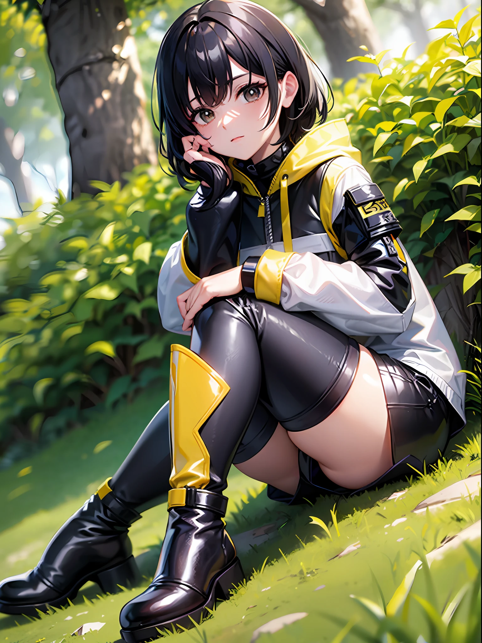 Black hair short, black bodysuit with white sleeves, yellow boots, girl, outdoor