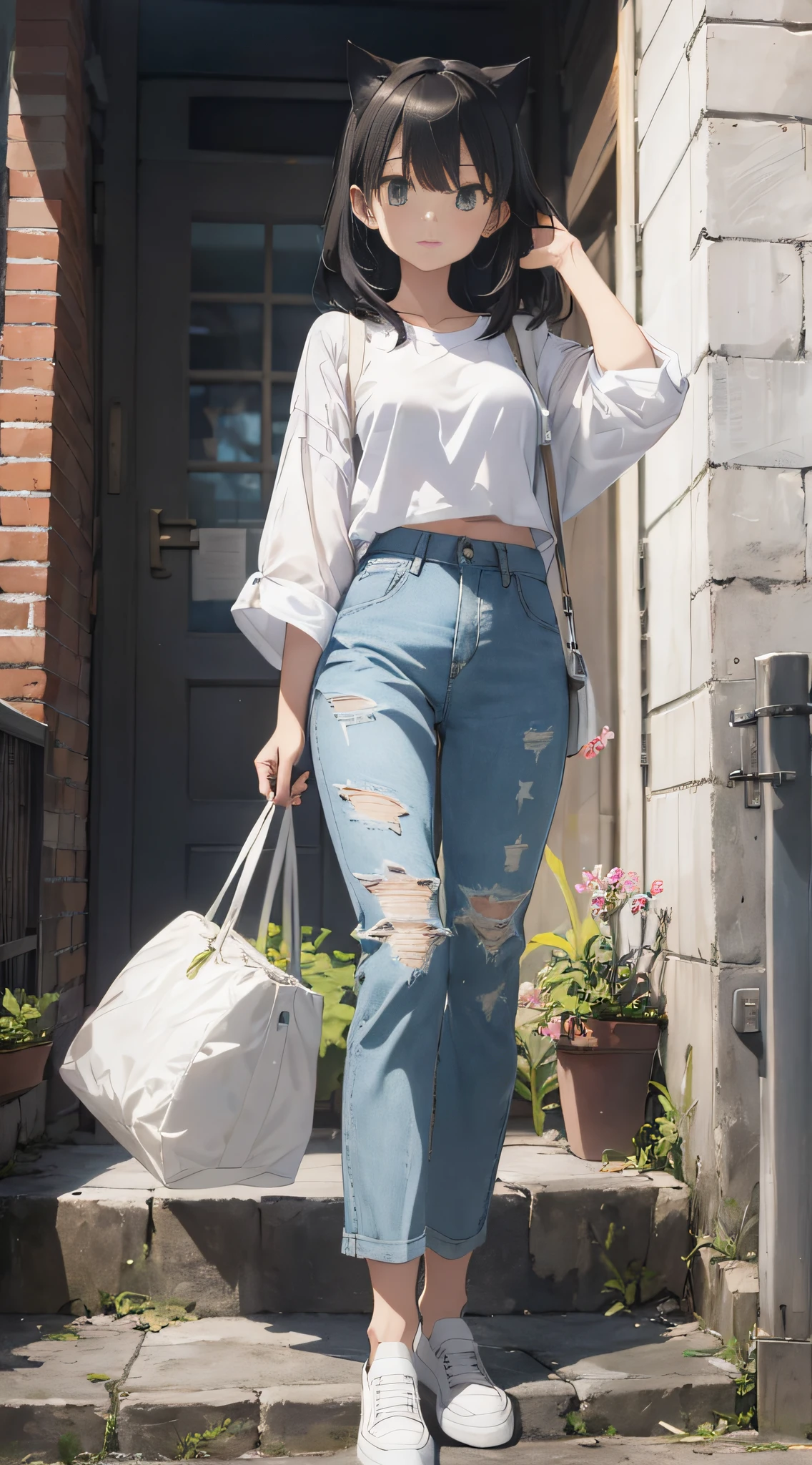 Cat-eared woman, Alaf in striped shirt and white pants with transparent bag, baggy jeans, cropped wide sleeves, sea - green and white clothes, put on and take off - white style, bag at waist, white pants, wearing cropped top, full body :: sunny weather ::, wearing a pretty shirt and jeans, striped shirt, Julia Razmova style