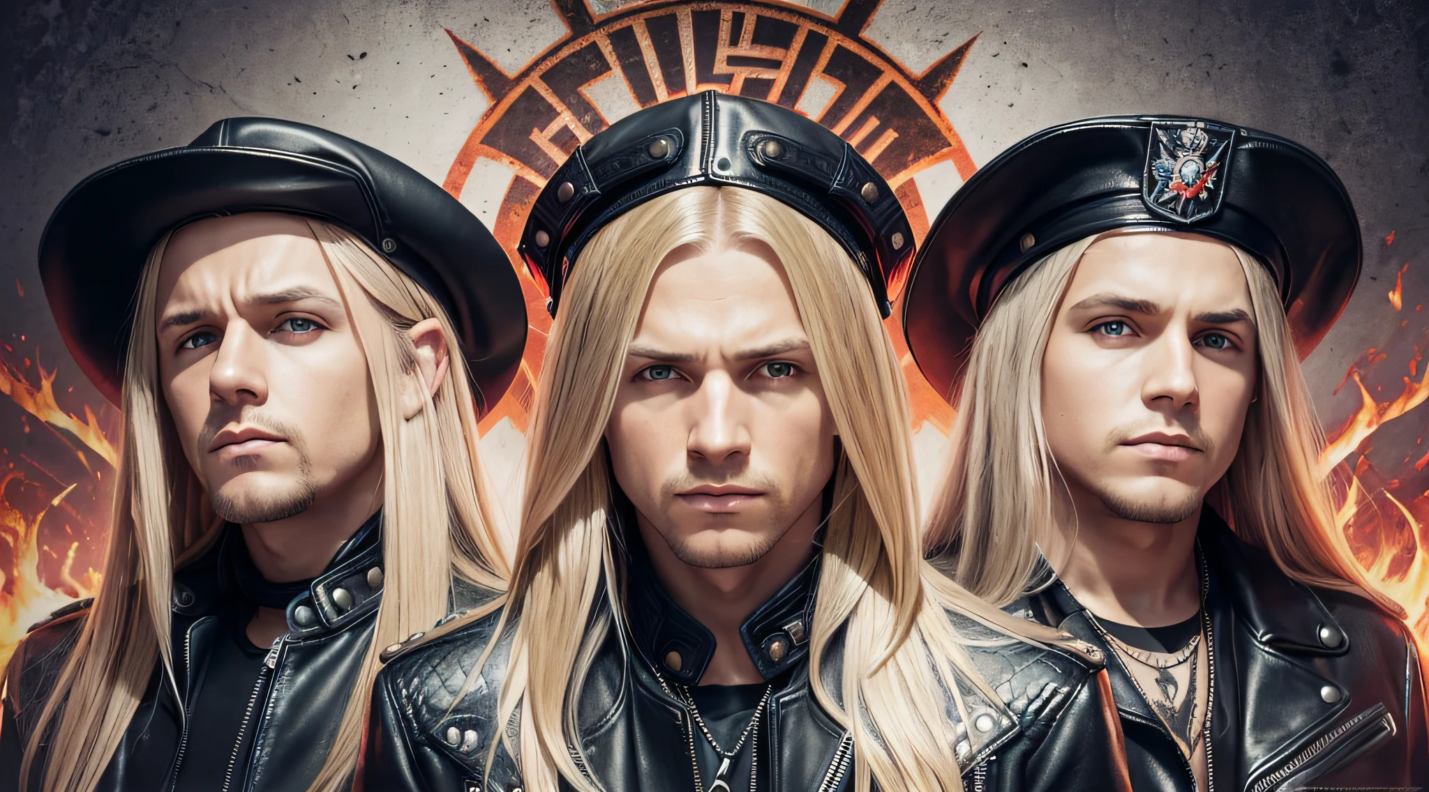 3 BOYS Russian children with 20 years WITH LONG STRAIGHT BLONDE HAIR, LEATHER JACKET AND BLACK CLOTHING, PORTRAIT STYLE, a closeup, album cover, evil album cover, alternate album cover, metal album cover, album cover, 2 0 0 6 promotional publicity photo, metallica, heavy rock band promotional photo,  drew struzan tomasz alen kopera, album art, album cover art, megadeth, maiden, album, heavy metal album cover, LOTS OF FIRE, HELLISH.