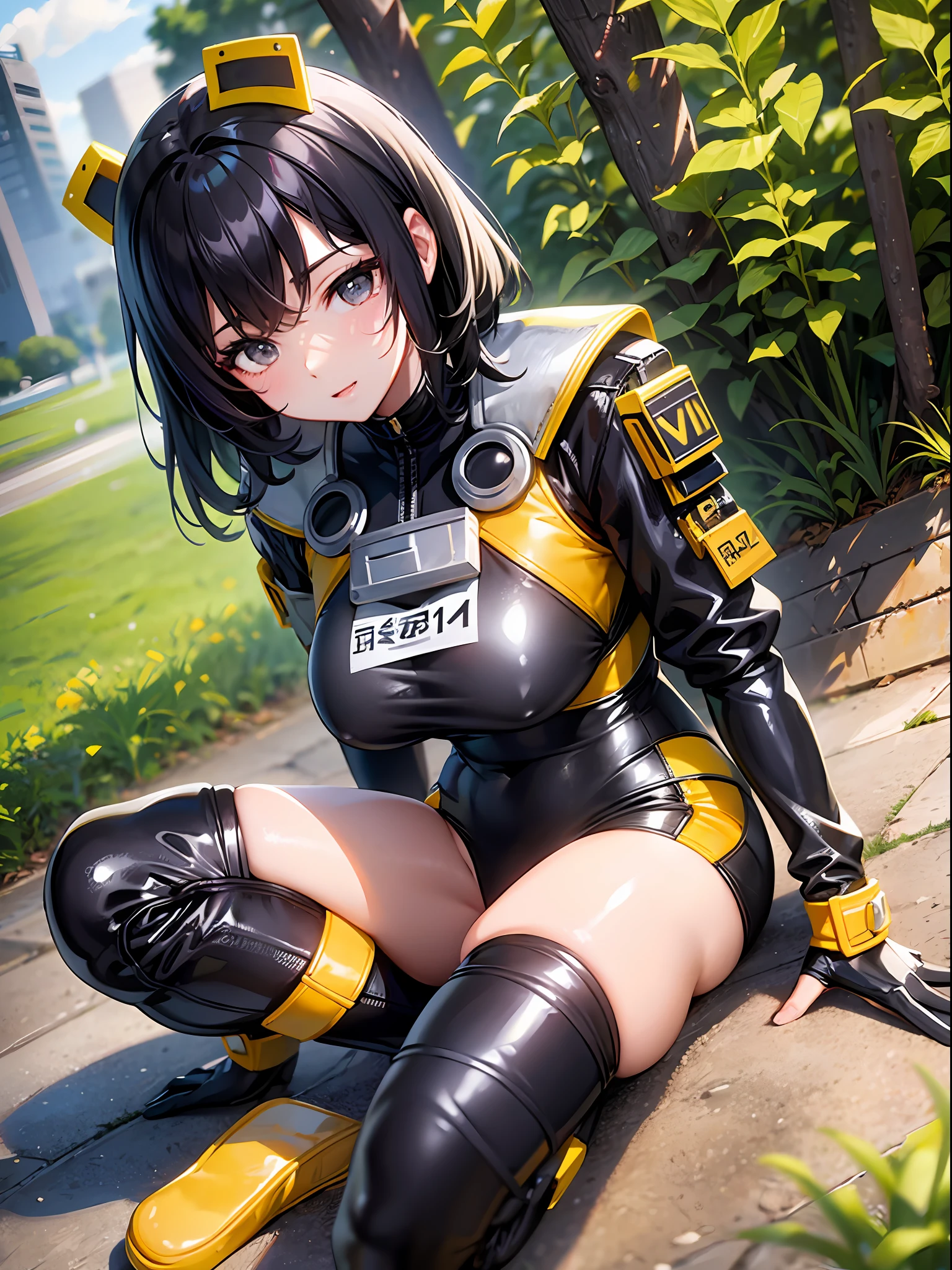 Black hair short, black bodysuit with white sleeves, yellow boots, girl, outdoor