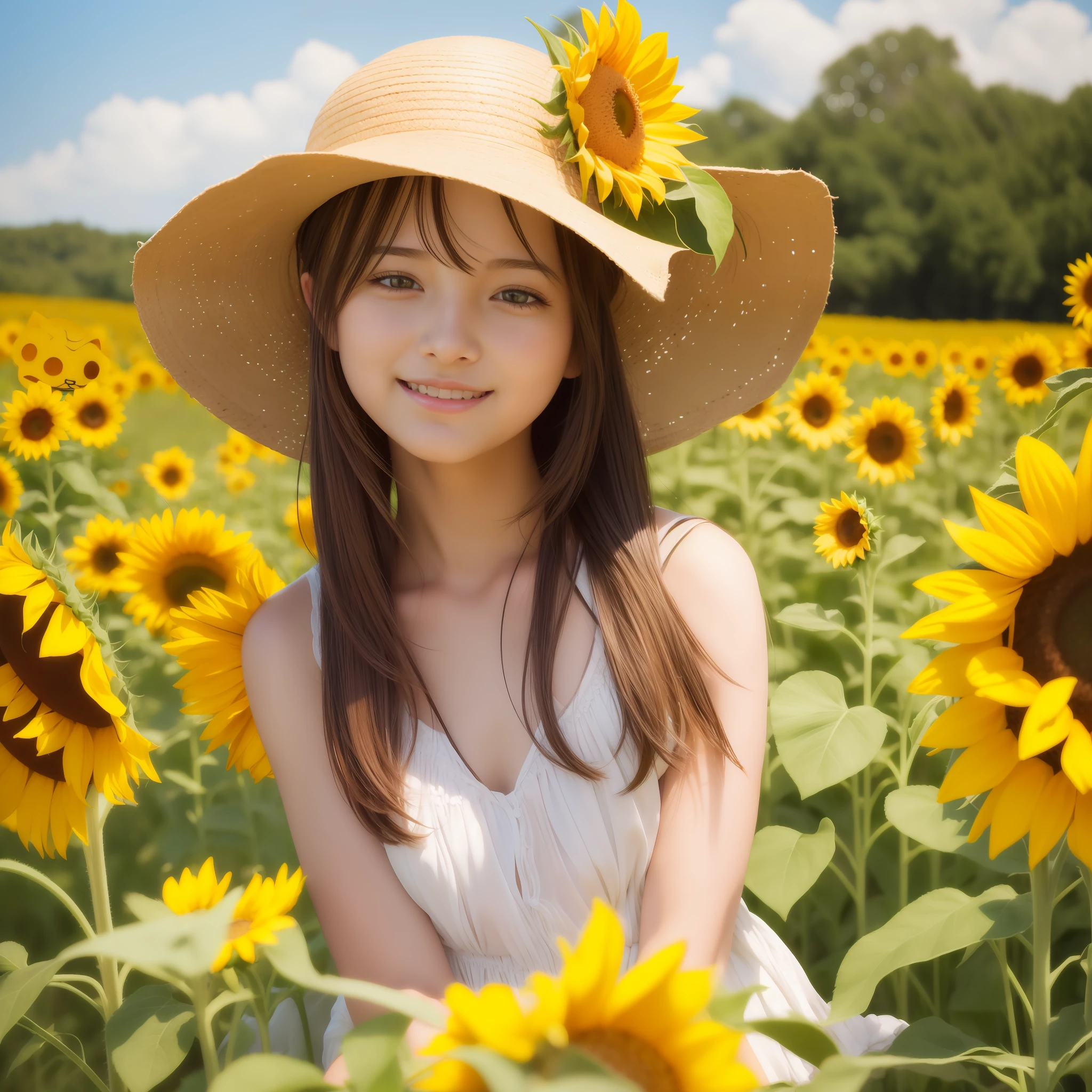 Girl with sunflower and straw hat in the field, pixiv, fantasy art, beautiful girl with sunflowers, cute realistic portrait wearing straw hat, super high resolution, sweet smile, realistic cute girl drawing, beautiful anime portrait, cute art style, beautiful character drawing, detailed portrait of girl, Cute girl portraits, detailed backgrounds, realistic backgrounds and details enhanced. (Cat ears)