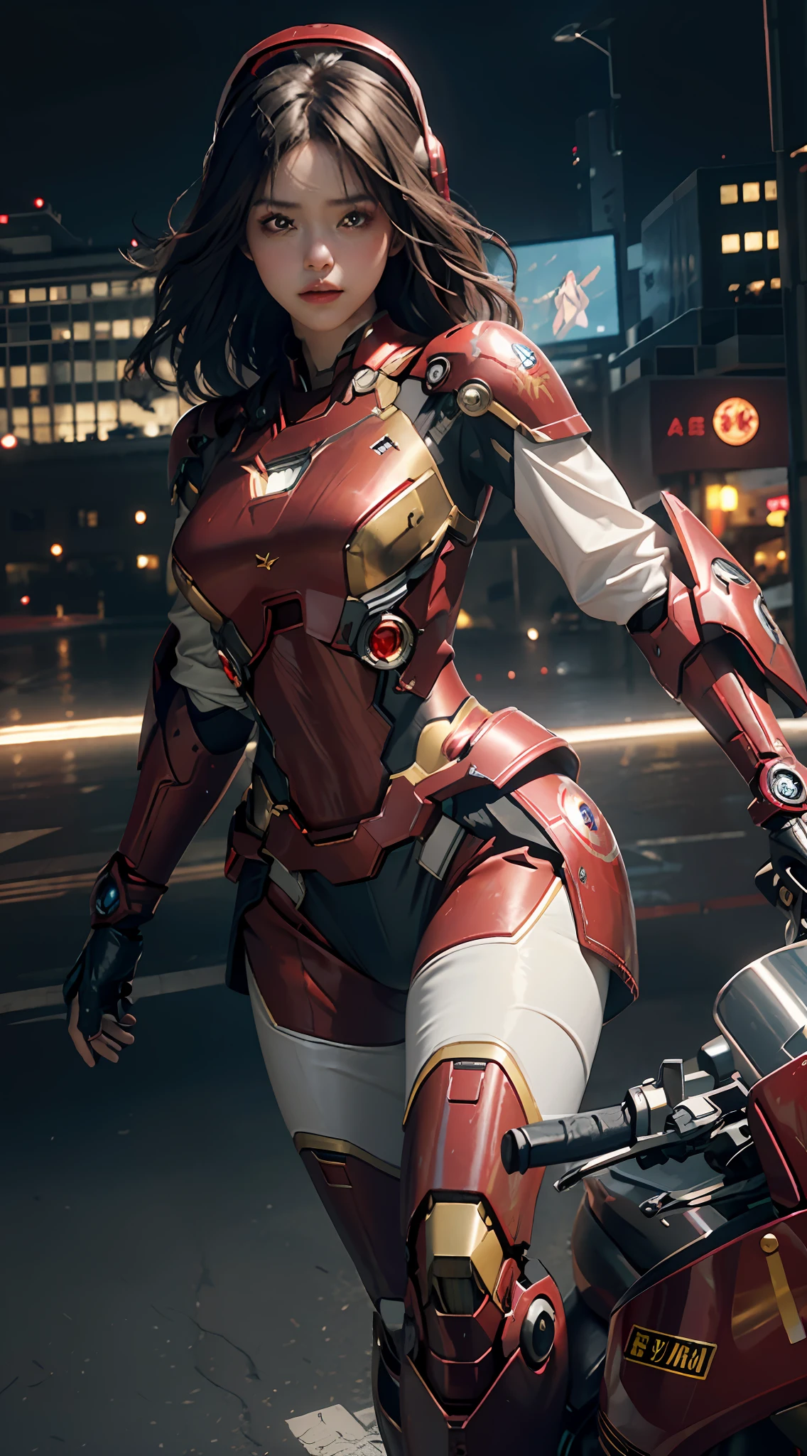 Highest quality, outstanding detail, ultra-high resolution, (fidelity: 1.4), the best illustration, favor details, highly condensed 1girl, with a delicate and beautiful face, dressed in black and red mecha, Iron Man, rack, Transformers, Alita, red cape, standing on the mountain