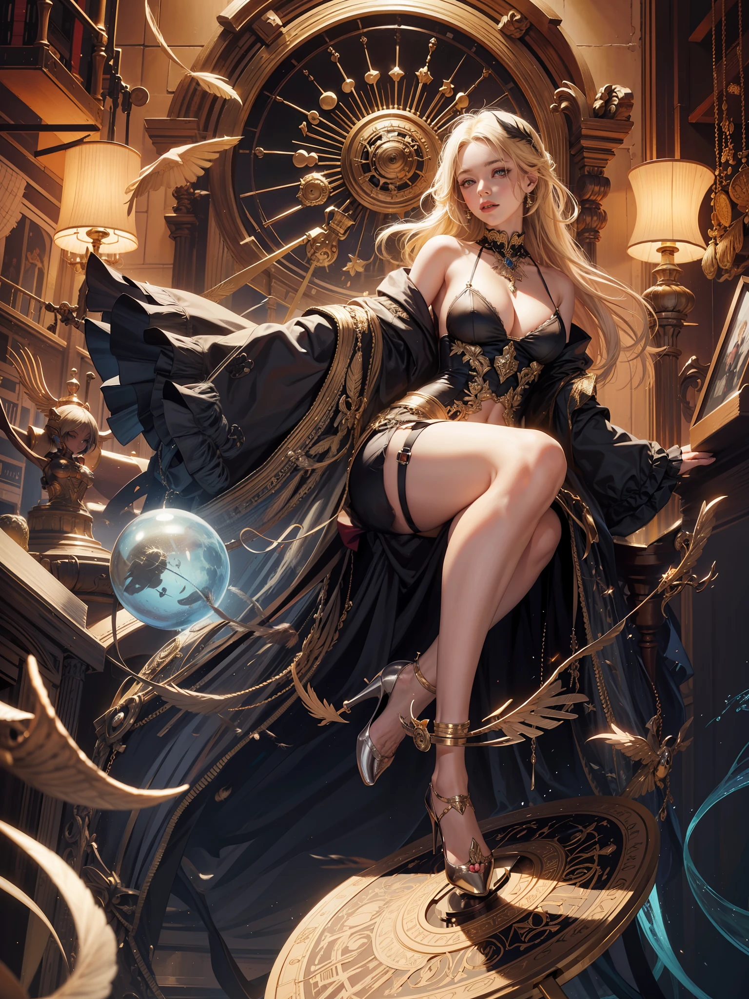 A black and divine garter belt is visible from the dress, feathers are fluttering