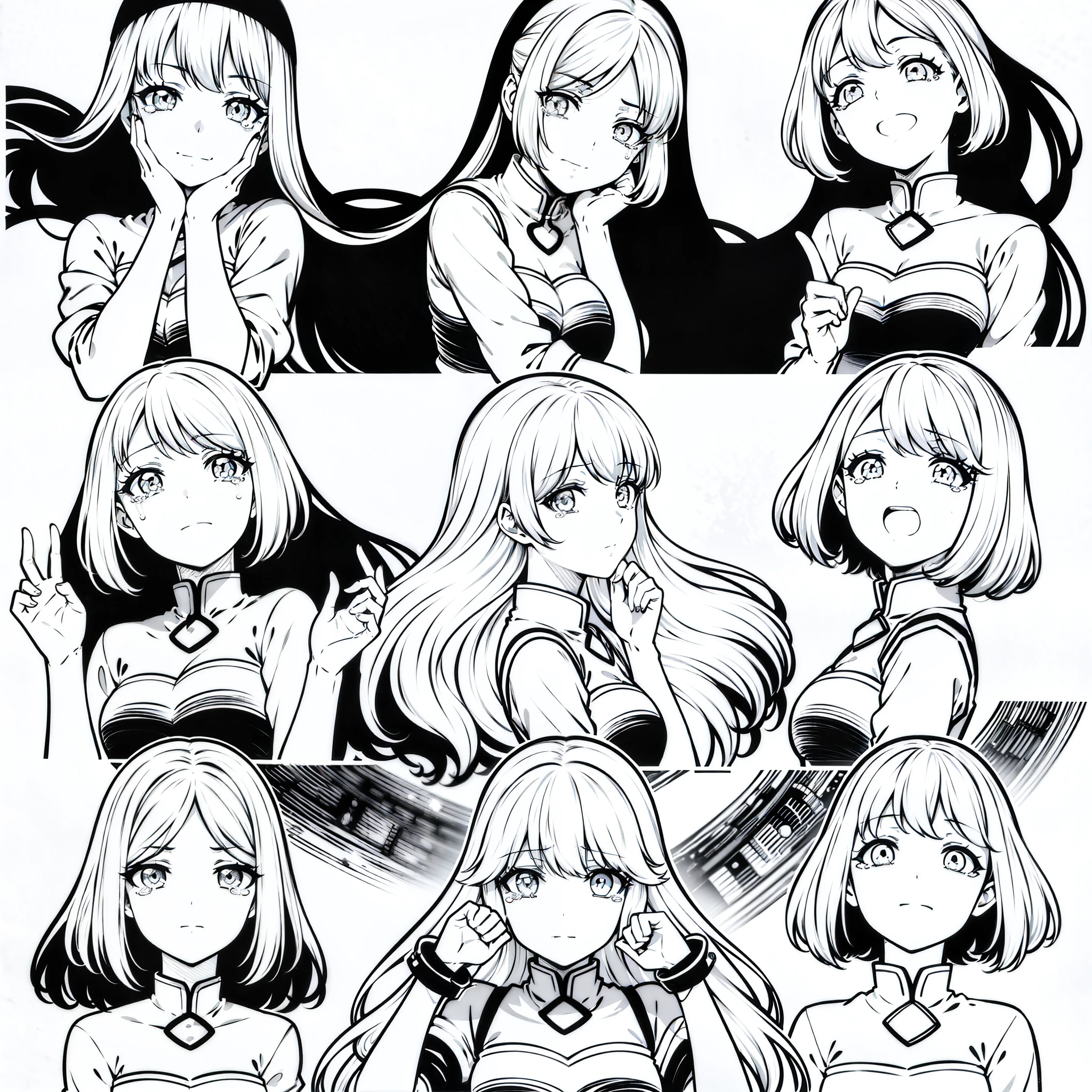 "A girl stood there alone, tears on her face and a mournful expression; Clean anime outline, anime pose, line sketch; presented in different poses, the picture is zoomed in to a close-up of the face; High resolution, best image quality. "