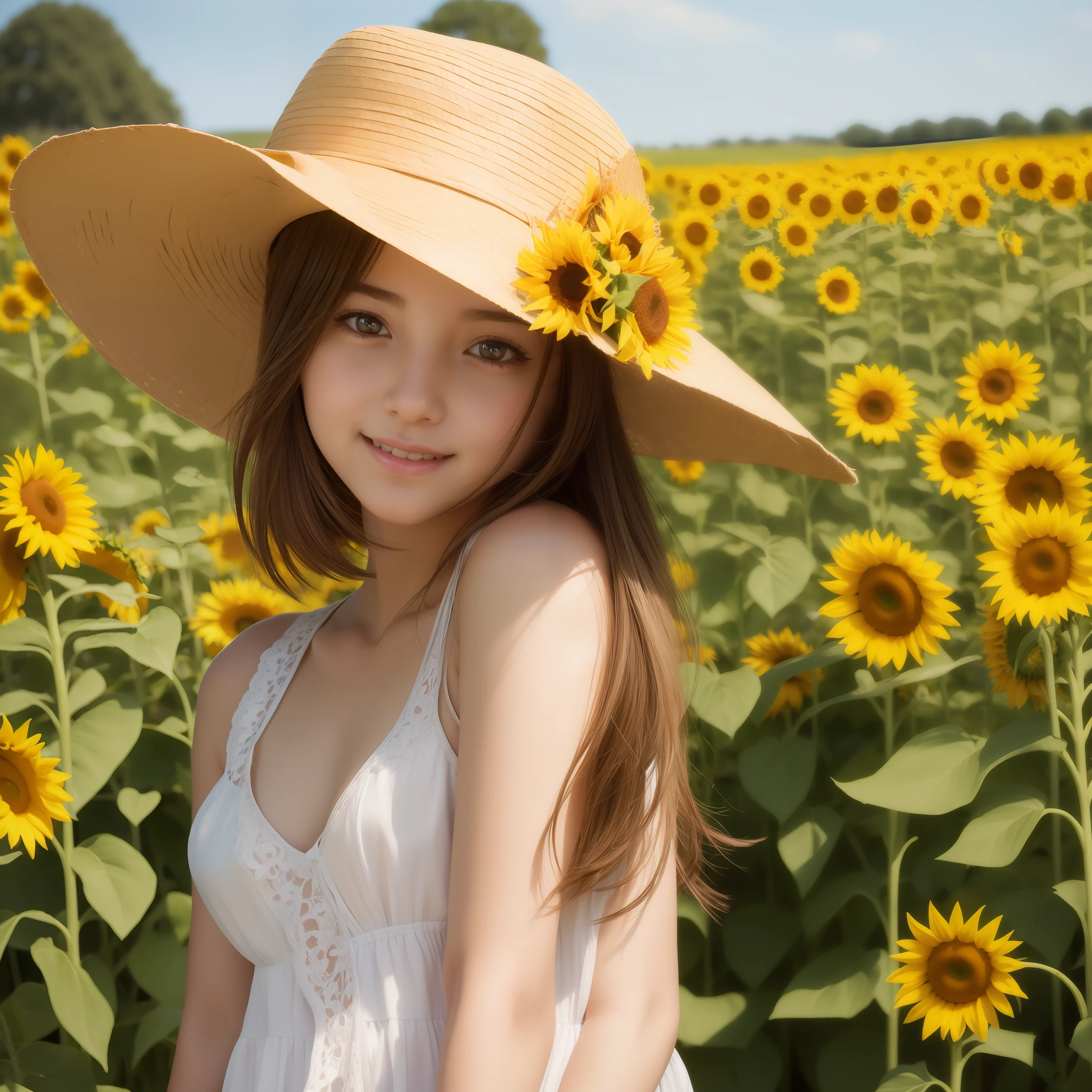 Girl with sunflower and straw hat in the field, pixiv, fantasy art, beautiful girl with sunflowers, cute realistic portrait wearing straw hat, super high resolution, sweet smile, realistic cute girl drawing, beautiful anime portrait, cute art style, beautiful character drawing, detailed portrait of girl, Cute girl portraits, detailed backgrounds, realistic backgrounds and details enhanced. (Cat ears)