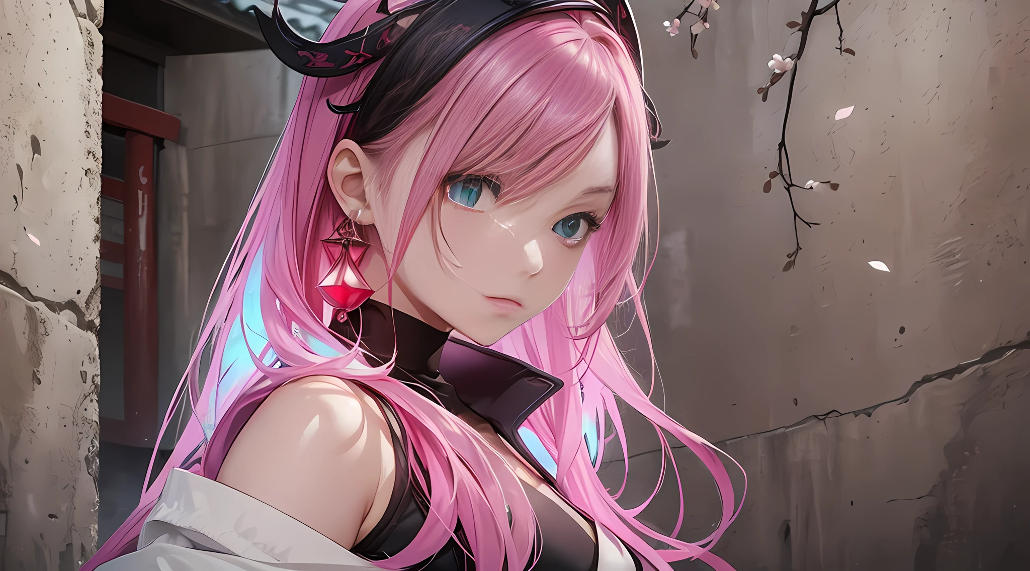 (Masterpiece, Excellent, 1girl, solo, complex details, color difference), realism, ((medium breath)), off-the-shoulders, big breasts, sexy, Yae Miko, long pink hair, red headdress, red highlight, hair above one eye, green eyes, earrings, sharp eyes, perfectly symmetrical figure, choker, neon shirt, open jacket, turtleneck sweater, against the wall, brick wall, graffiti, dim lighting, alley, looking at the audience, ((mean, seductive, charming)), ((cherry blossom background ))),((Japanese temple background)))), (((Glow-in-the-dark background))) --auto --s2