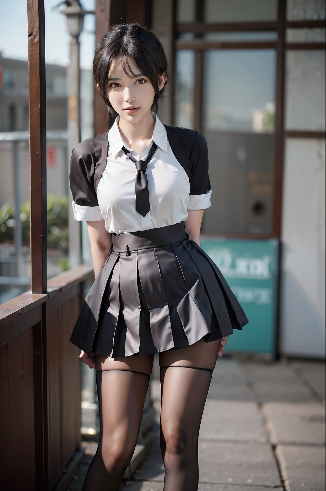 Pretty girl standing, thin legs, high heels on the ground, empty room, (masterpiece:1.3), (8k, photorealistic, RAW photo, best quality: 1.4), (1girl), beautiful face, (realistic face), (black hair, short hair:1.3), beautiful hairstyle, realistic eyes, Beautiful details eyes, realistic skin, beautiful skin, super high resolution, super realistic, very detailed, golden ratio, cute, cute schoolgirl, Japanese schoolgirl uniform, wearing Japanese school uniform, surreal high school girl, short skirt, tight skirt, pantyhose, black stockings, full body view, thin arms, long hair