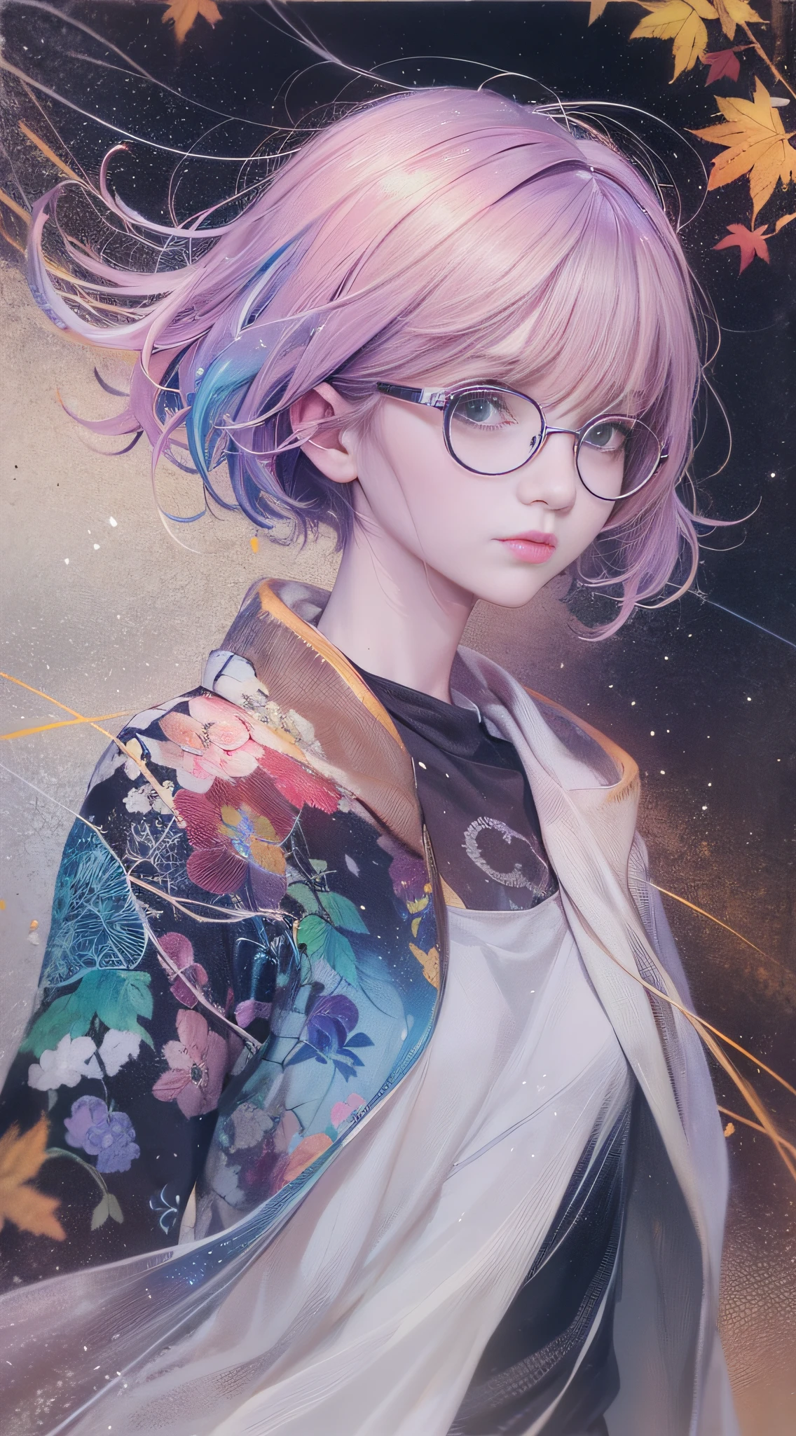 a painting by mse a woman wearing glasses by agnes cecile, short hair, luminous design, pastel colours, ink drips, autumn lights