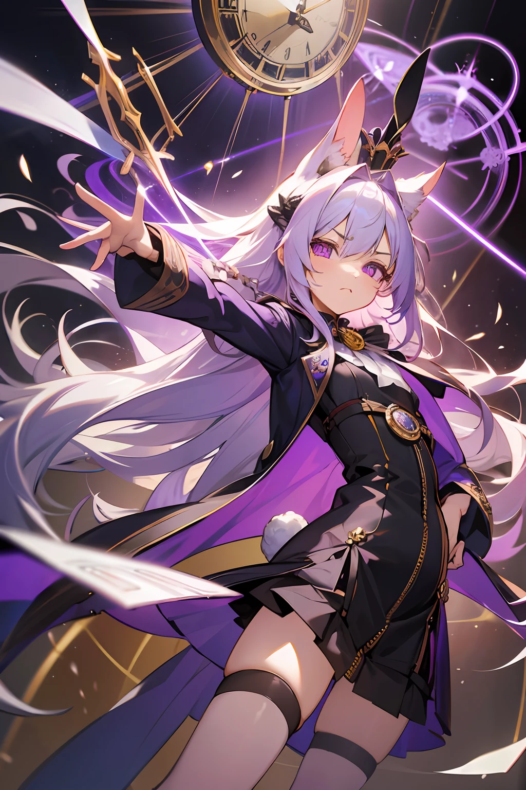 {{Eroge,Game CG,High Definition Game CG},{{{1 Girl},{{Masterpiece}}}, {{Best Quality}}, {{Super Detail}}, {{Illustration}},,{{Magical Girl}},Brooch,,, {{disheveled Hair}},Big Hair, Gradient Hair,Hololive,Small,,{{Violet Coat}},Blonde Hair,Drill Hair, {Pocket Watch}, ridiculously long hair, dreadlocks, purple hair, silver hair,gold and silver hair,gradient hair, self-righteous, v-shaped_eyebrows, zettai_ryouiki, black_gloves,{{rabbit ears}},,stick, crown, clock tower, ,,tower,, fighting stance,,demon girl, slit pupil,,{{{time magic}}},time circle,slit,zipper,,{{{{body stockings}}}}}, flower knot,,legs,