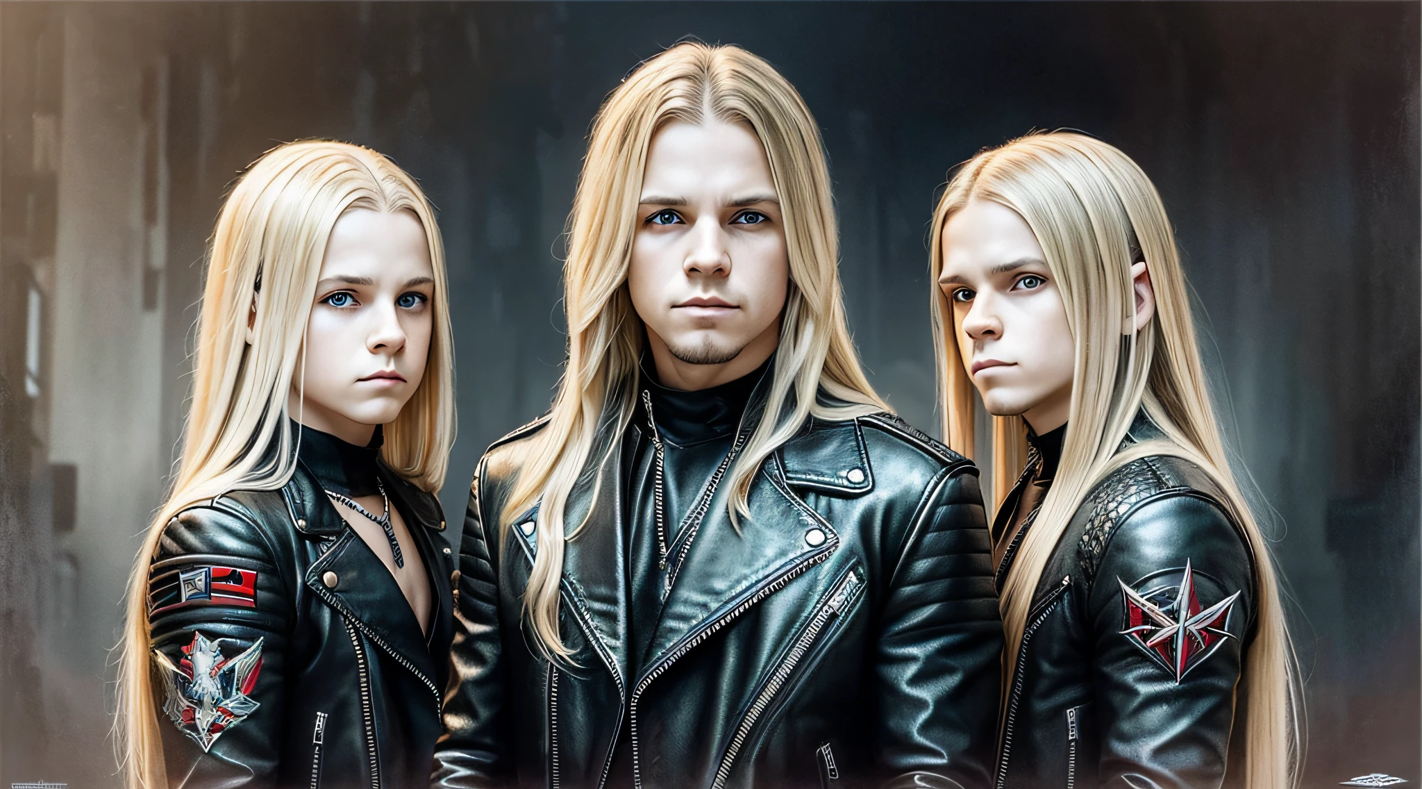 3 BOYS Russian children with 20 years WITH LONG STRAIGHT BLONDE HAIR, LEATHER JACKET AND BLACK CLOTHING, PORTRAIT STYLE, a closeup, album cover, evil album cover, alternate album cover, metal album cover, album cover, 2 0 0 6 promotional publicity photo, metallica, heavy rock band promotional photo, Drew Struzan Tomasz Alen Kopera, album art, album cover art, Megadeth, Maiden, album, Heavy metal album cover