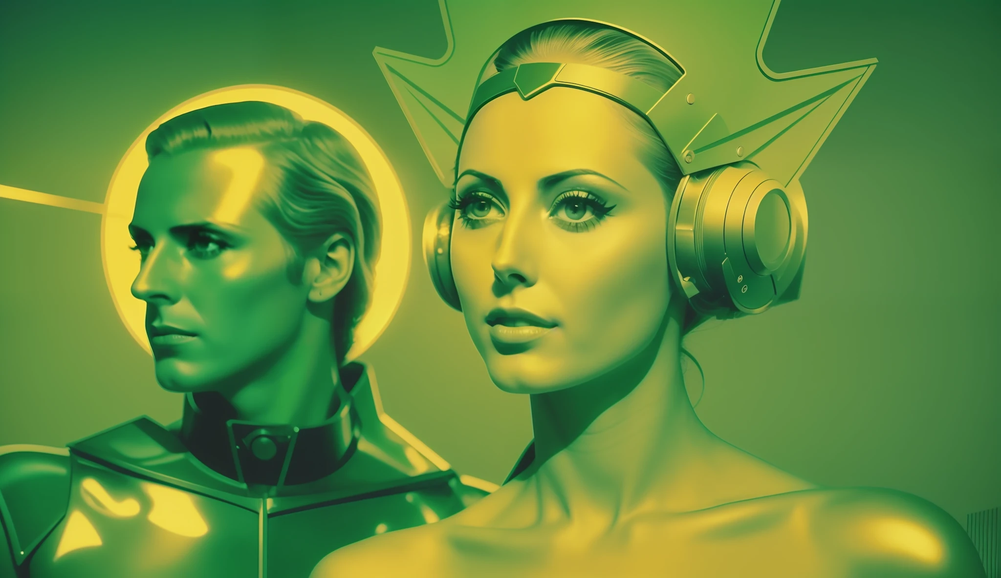 a man and a woman (Eva Amurri) in green and yellow, a matte painting by Ed Paschke, behance, retrofuturism, reimagined by industrial light and magic, 1970s, criterion collection