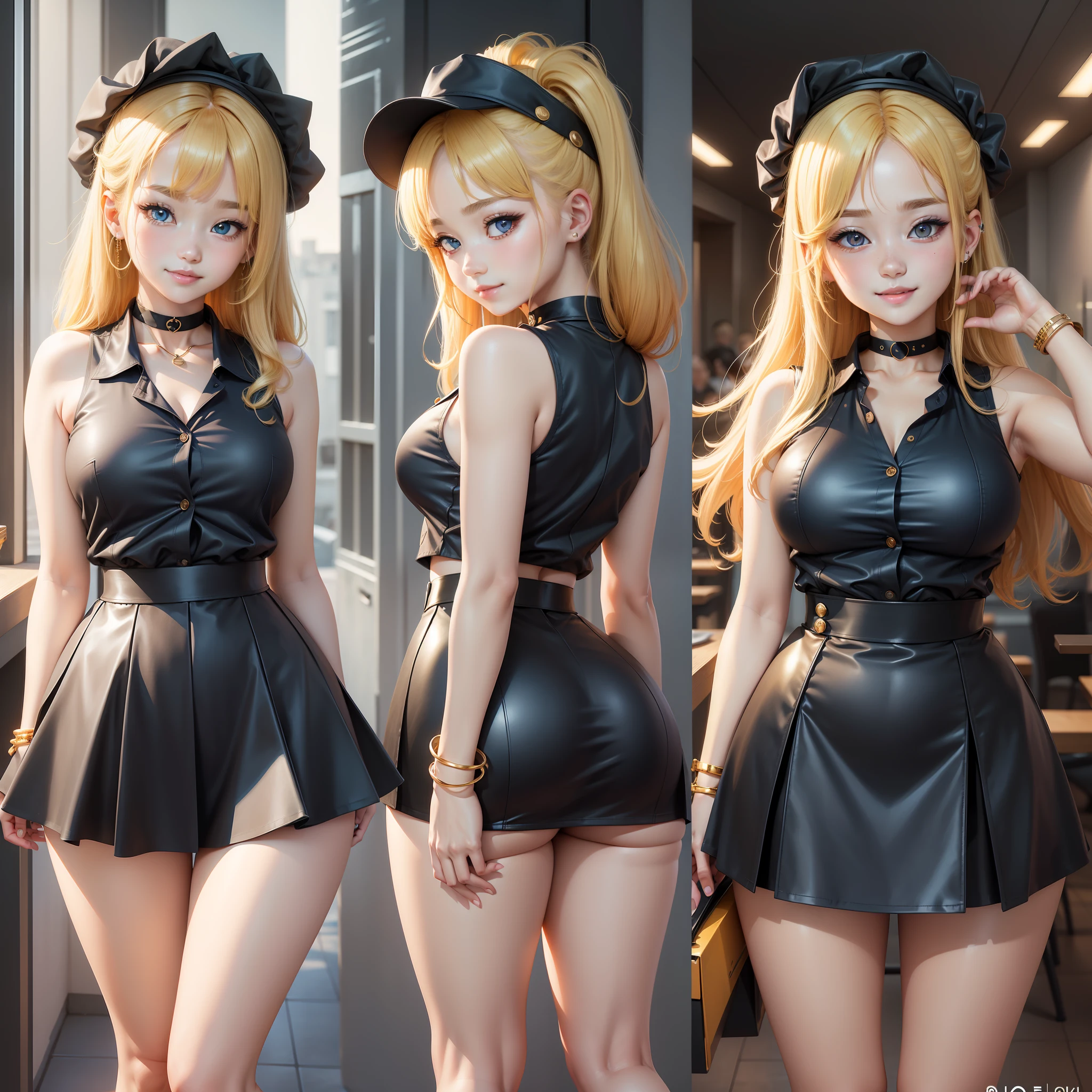 best quality, ultra high res, 1girl, sleeveless blue button shirt, black skirt, black choker, cute, (Kpop idol), (aegyo sal:1), (golden blonde hair:1), ((puffy eyes)), looking at viewer, full body, facing front, glow skin, smile, thick ass