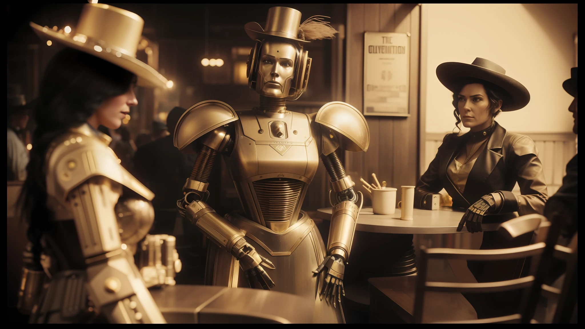 there are three people dressed up in costumes at a table, brass semi - mechanical woman, cyberpunk wild west, inspired by Laurie Lipton, screenshot from a movie, anthropomorphic robot [ thing ], still image from the movie, old timey, year 2 5 0 0, cinematic cgsociety, two beautiful women in love