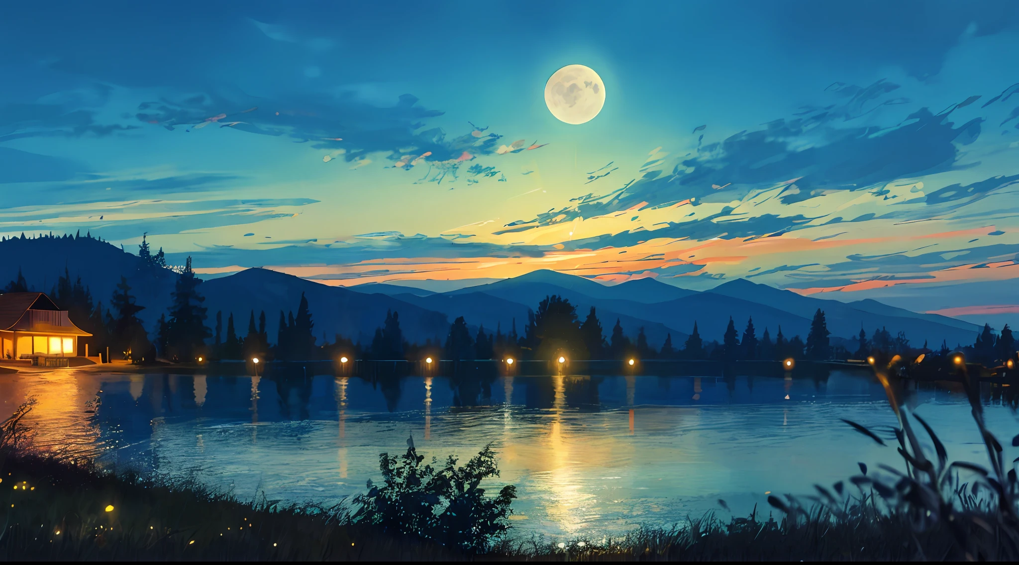 Masterpiece, best quality, depth of field, night, sky, moon, glow, lake, hill, tree