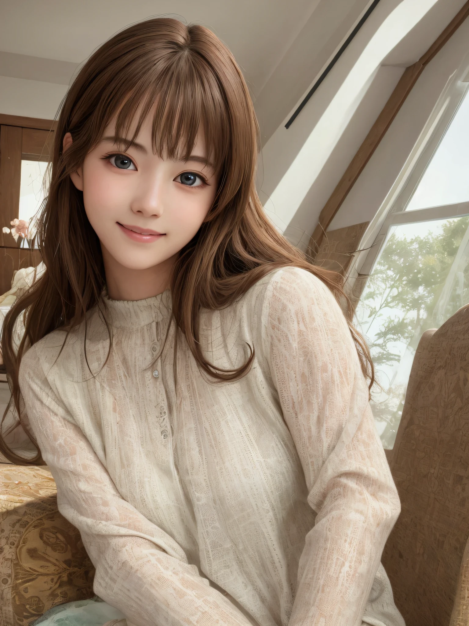 (masterpiece),best quality, high resolution, extremely detailed,(1girl),cute,realistic, beautiful eyes,cute outfit,smiling,lively,warm light,indoor.