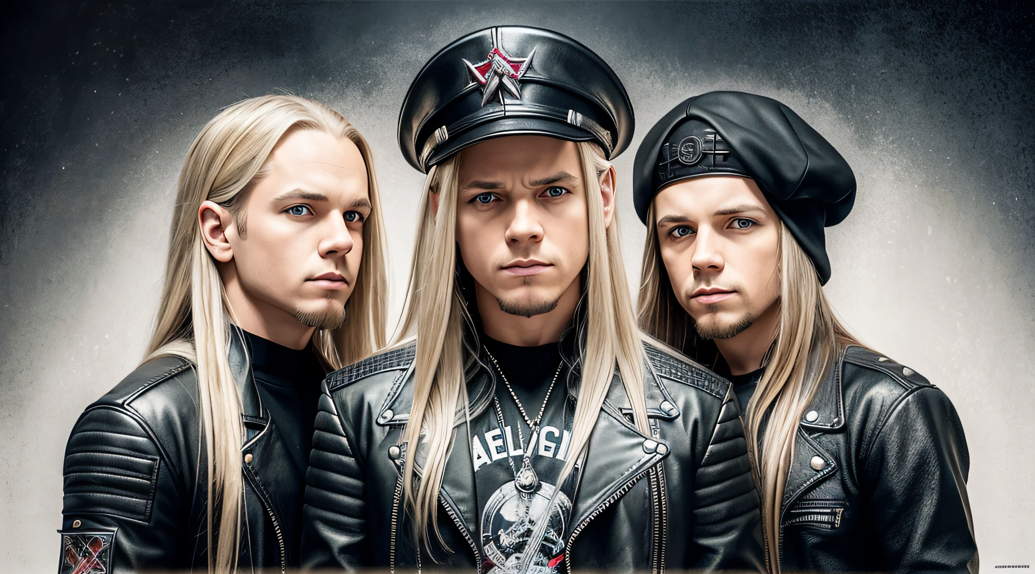 3 BOYS Russian children with 20 years WITH LONG STRAIGHT BLONDE HAIR, LEATHER JACKET AND BLACK CLOTHING, PORTRAIT STYLE, a closeup, album cover, evil album cover, alternate album cover, metal album cover, album cover, 2 0 0 6 promotional publicity photo, metallica, heavy rock band promotional photo,  Drew Struzan Tomasz Alen Kopera, album art, album cover art, Megadeth, Maiden, album, Heavy metal album cover