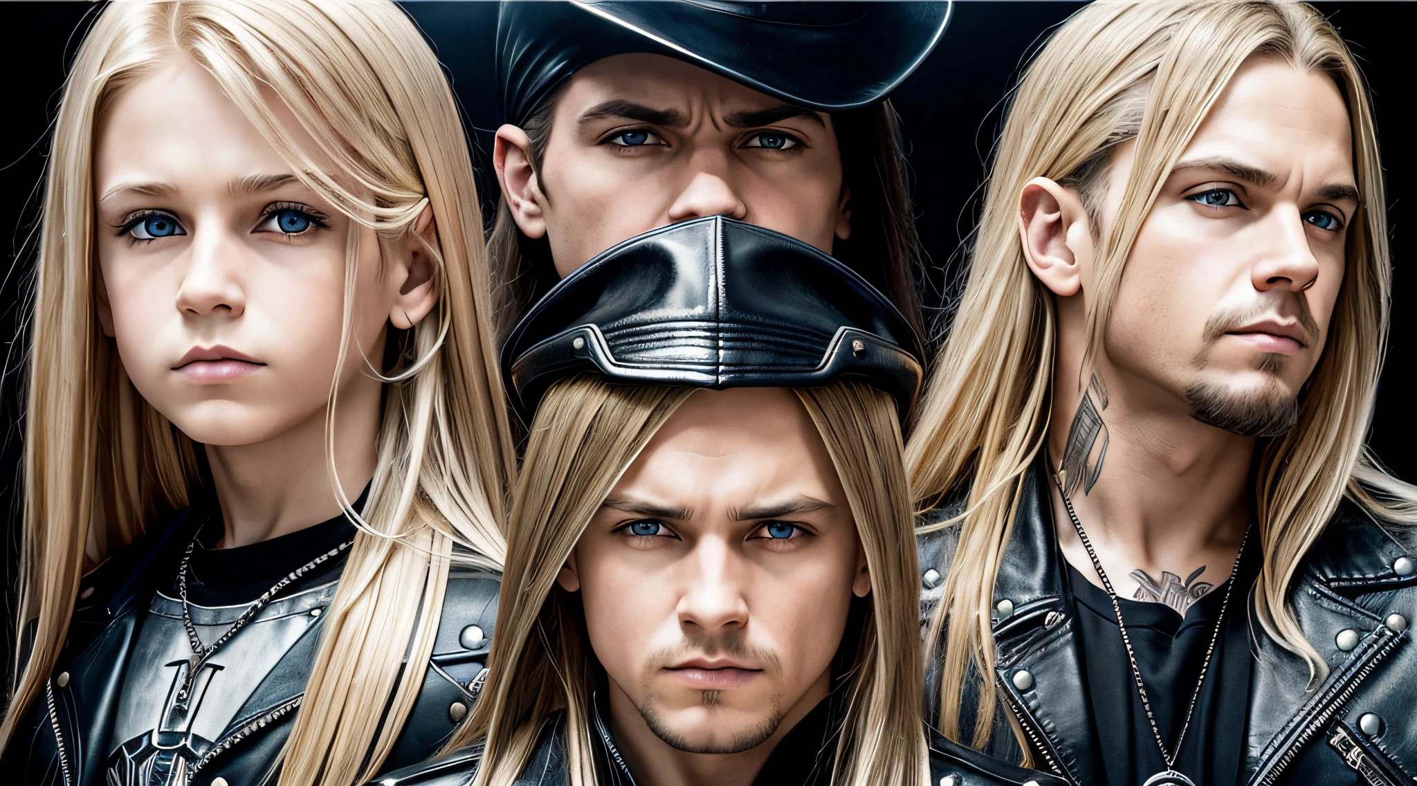 3 BOYS Russian children with 20 years WITH LONG STRAIGHT BLONDE HAIR, LEATHER JACKET AND BLACK CLOTHING, PORTRAIT STYLE, a closeup, album cover, evil album cover, alternate album cover, metal album cover, album cover, 2 0 0 6 promotional publicity photo, metallica, heavy rock band promotional photo, Drew Struzan Tomasz Alen Kopera, album art, album cover art, Megadeth, Maiden, album, Heavy metal album cover