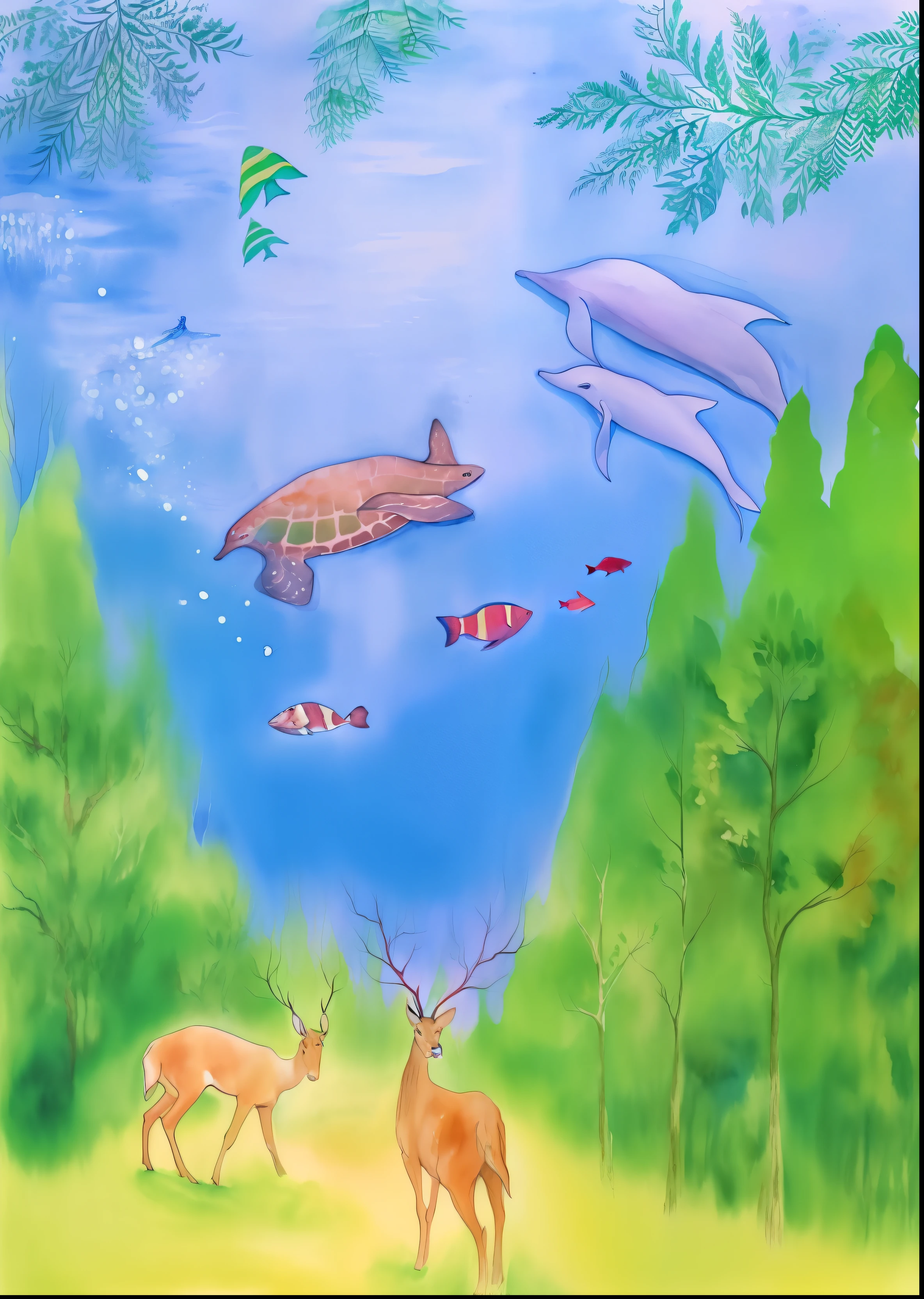 painting of a deer and a whale in a forest with a fish, watercolor painting underwater, fantasy water color, wildlife drawing, wildlife illustration, underwater scene, filled with fauna, inspired by Jerry Pinkney, by Maksimilijan Vanka, inspired by Richard Doyle, fantasy watercolor, in the style of hans thoma, by Juliette Wytsman, masterpieceunderwater scene